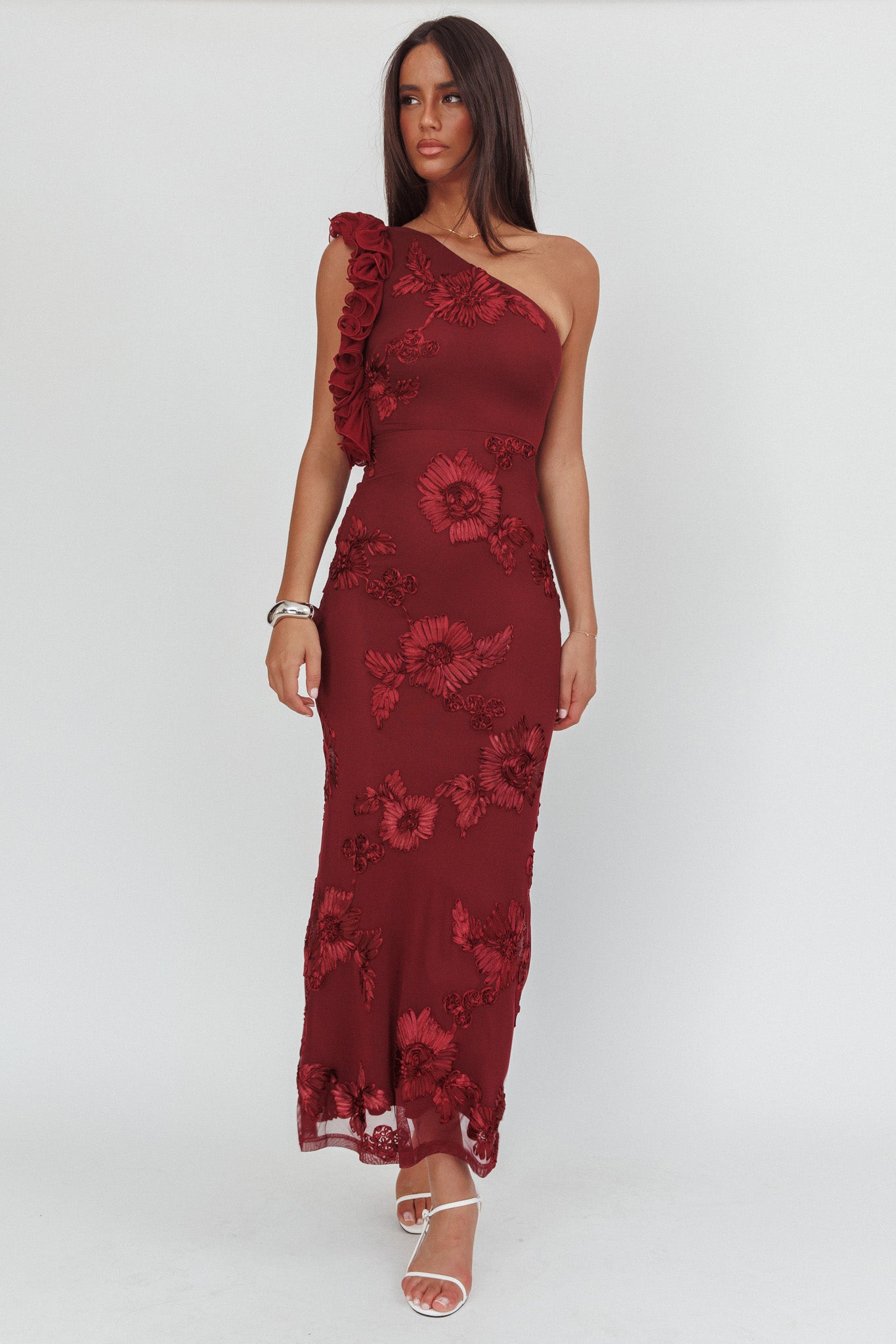 Deanna One-Shoulder Ruffle Maxi Dress Floral Texture Wine by Selfie Leslie