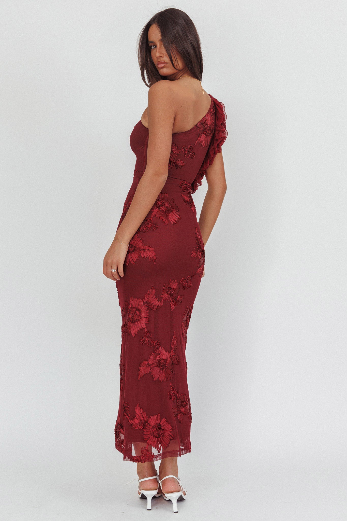 Deanna One-Shoulder Ruffle Maxi Dress Floral Texture Wine Deanna One-Shoulder Ruffle Maxi Dress Floral Texture Wine