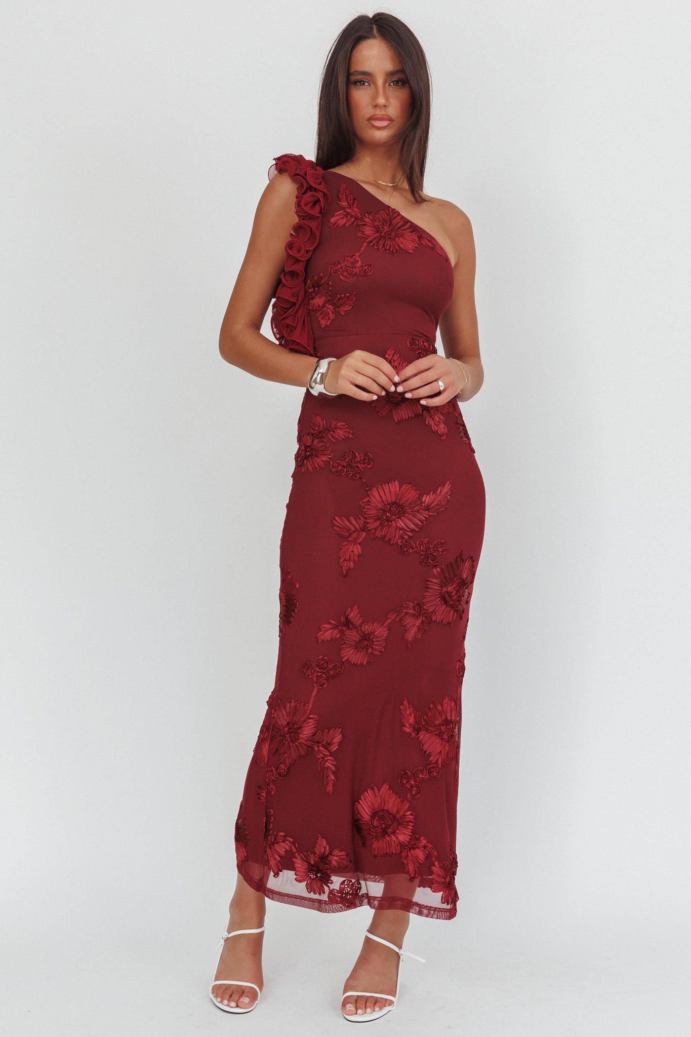 Deanna One-Shoulder Ruffle Maxi Dress Floral Texture Wine by Selfie Leslie