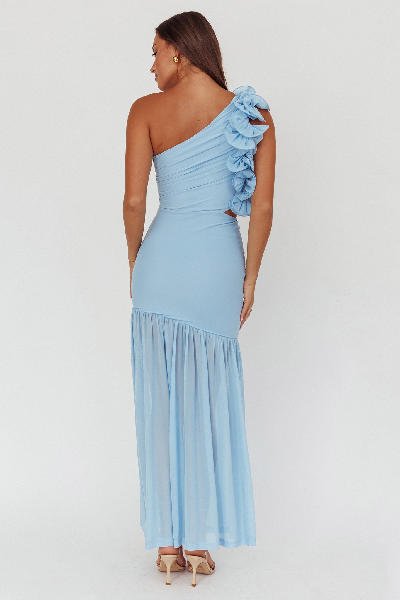 Deanna One-Shoulder Sheer Hem Maxi Dress Blue by Selfie Leslie