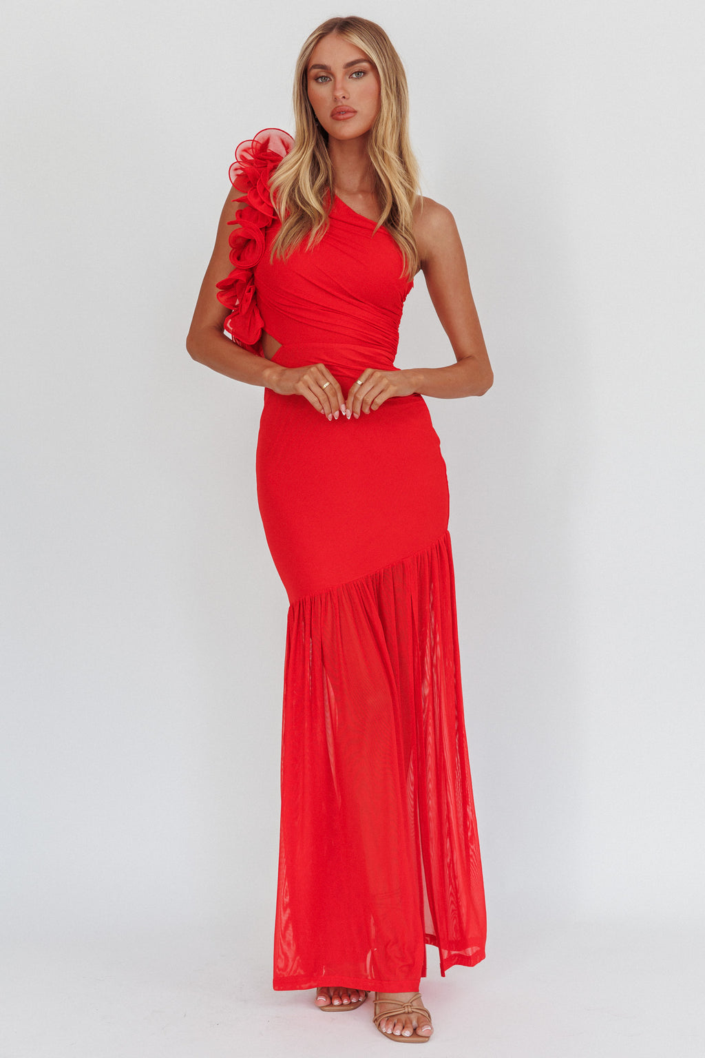 Deanna One-Shoulder Sheer Hem Maxi Dress Red by Selfie Leslie