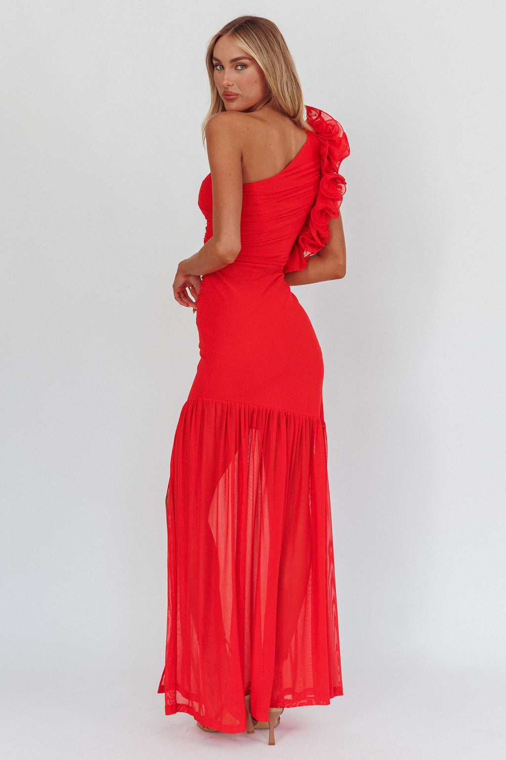 Deanna One-Shoulder Sheer Hem Maxi Dress Red by Selfie Leslie
