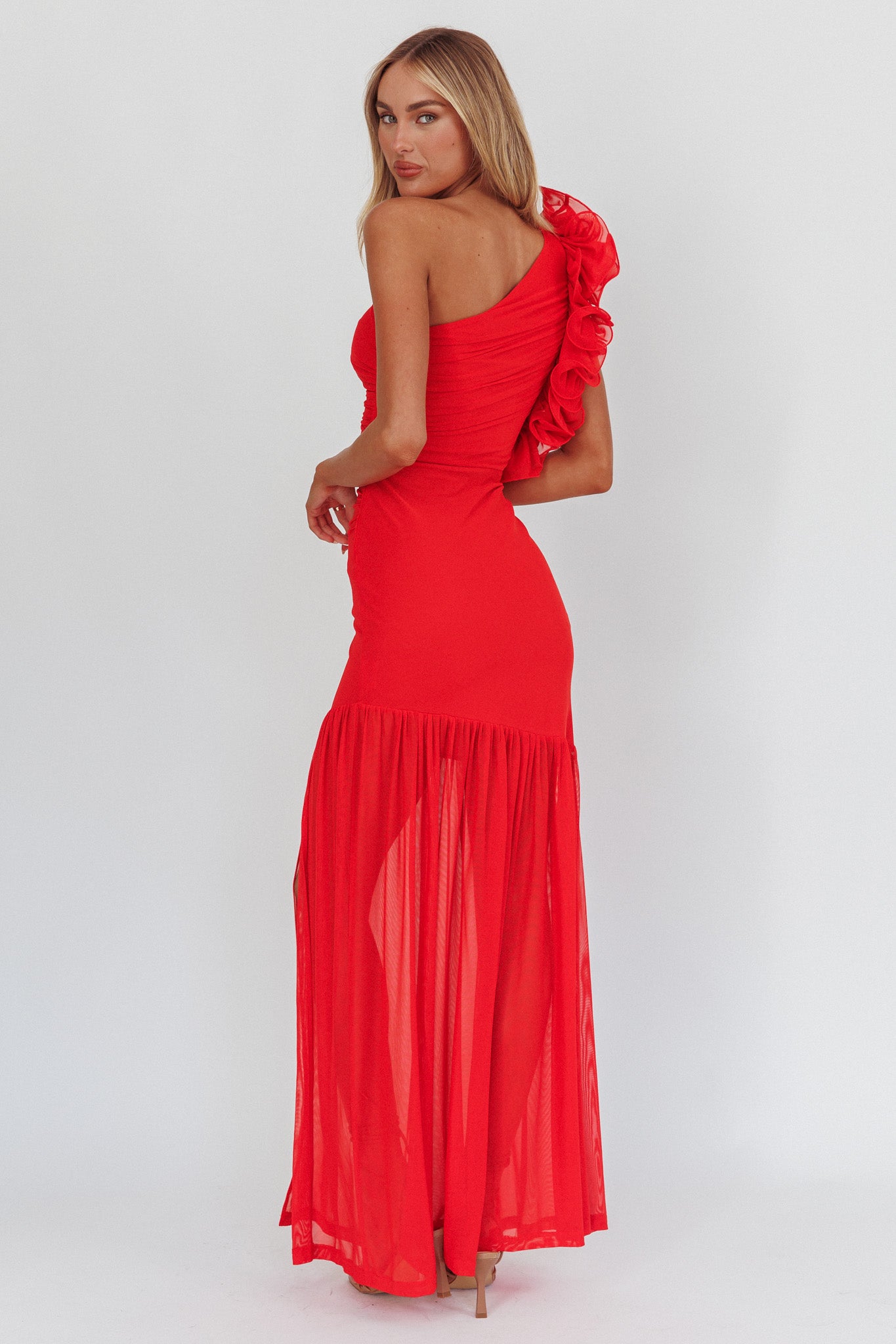 Deanna One-Shoulder Sheer Hem Maxi Dress Red by Selfie Leslie