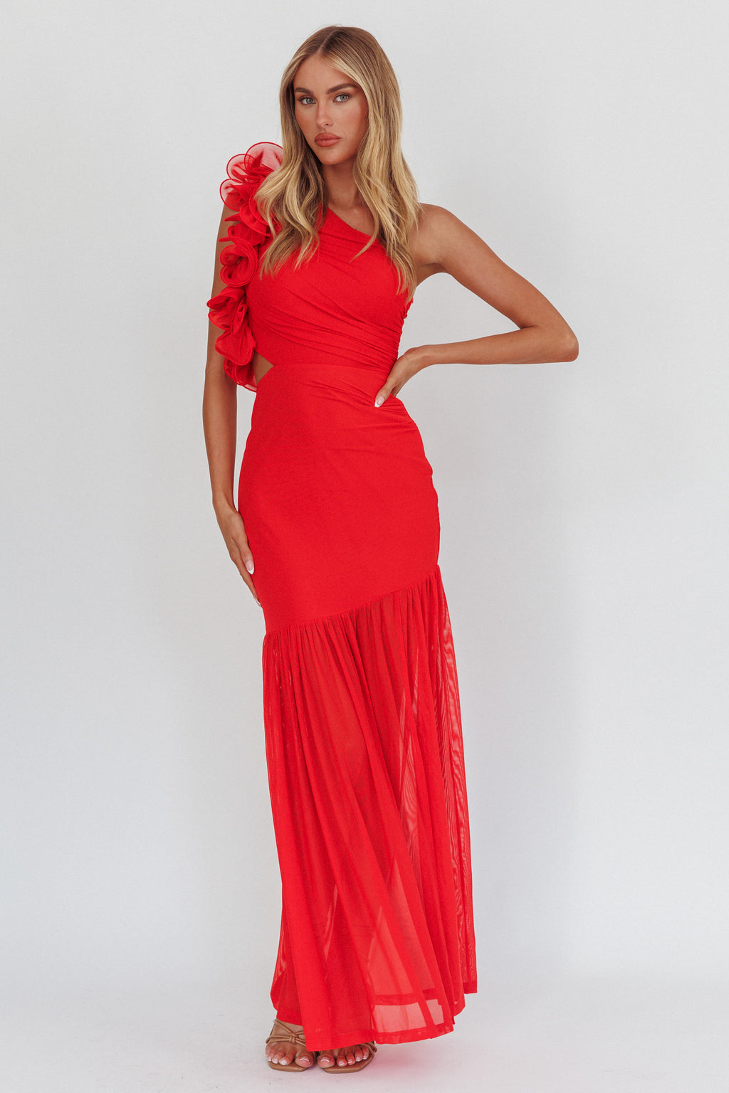 Deanna One-Shoulder Sheer Hem Maxi Dress Red by Selfie Leslie