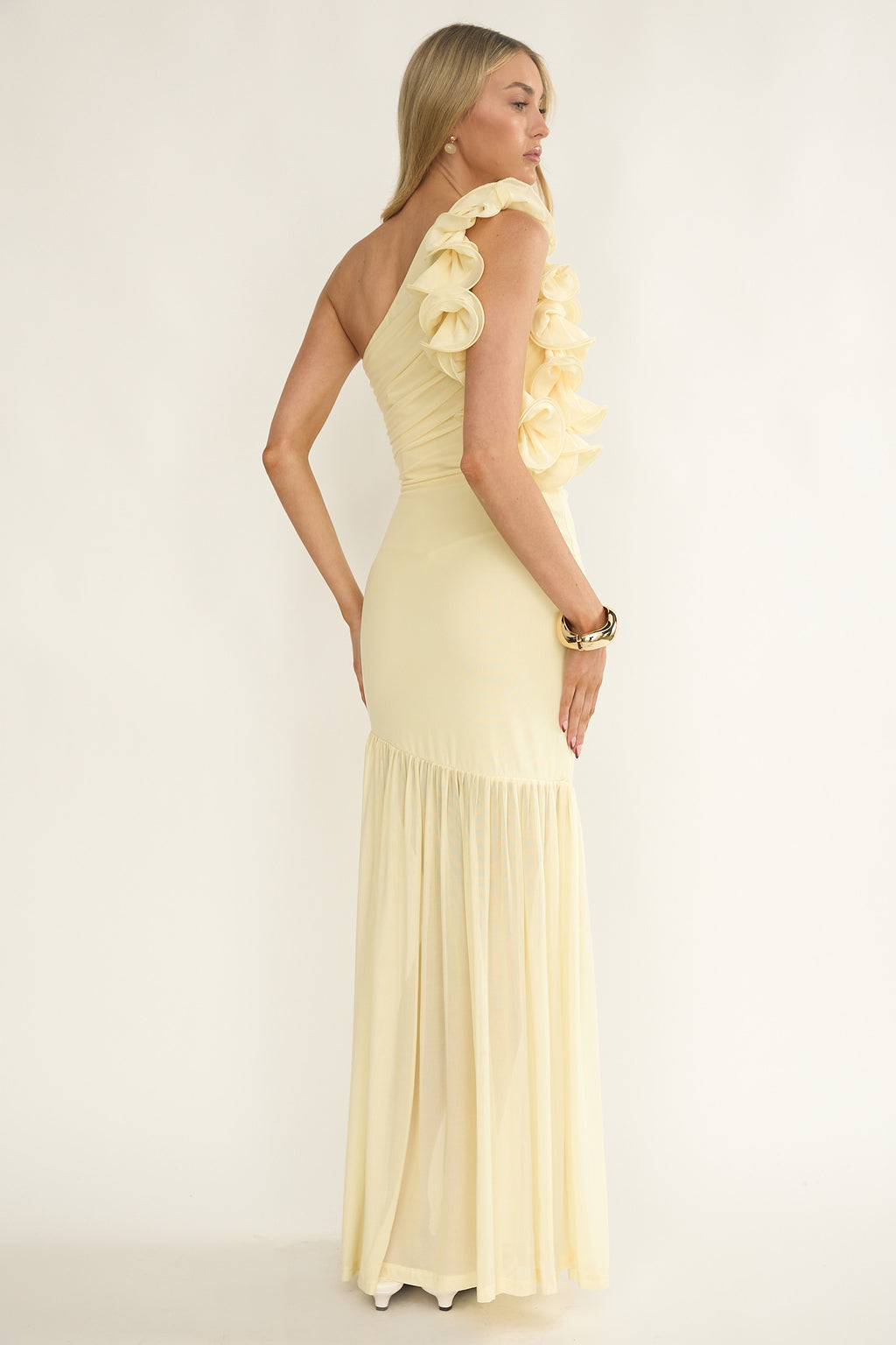 Deanna One-Shoulder Sheer Hem Maxi Dress Yellow by Selfie Leslie