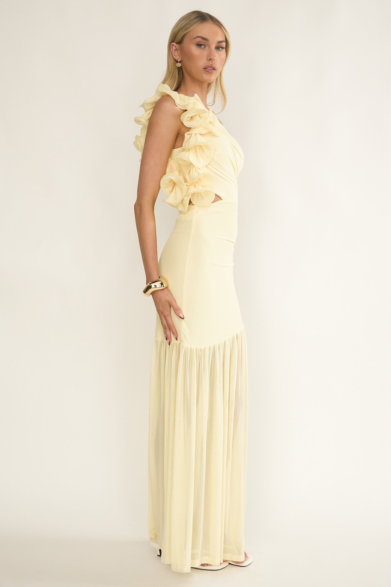 Deanna One-Shoulder Sheer Hem Maxi Dress Yellow by Selfie Leslie