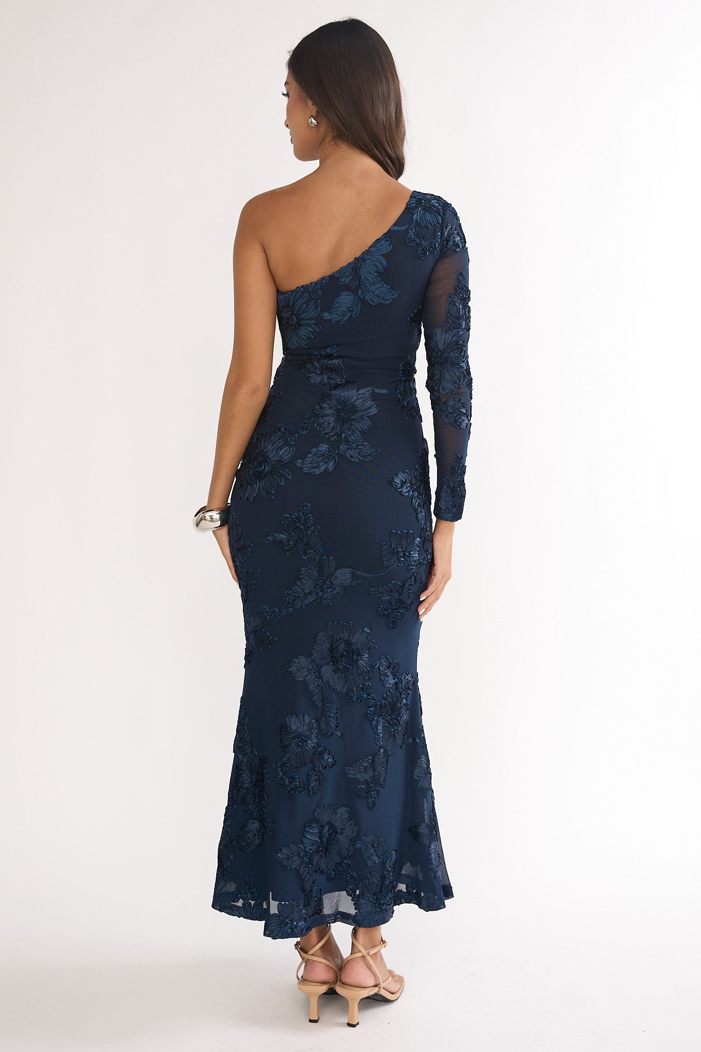 Deanna One-Shoulder Sleeve Maxi Dress Embellished Navy by Selfie Leslie