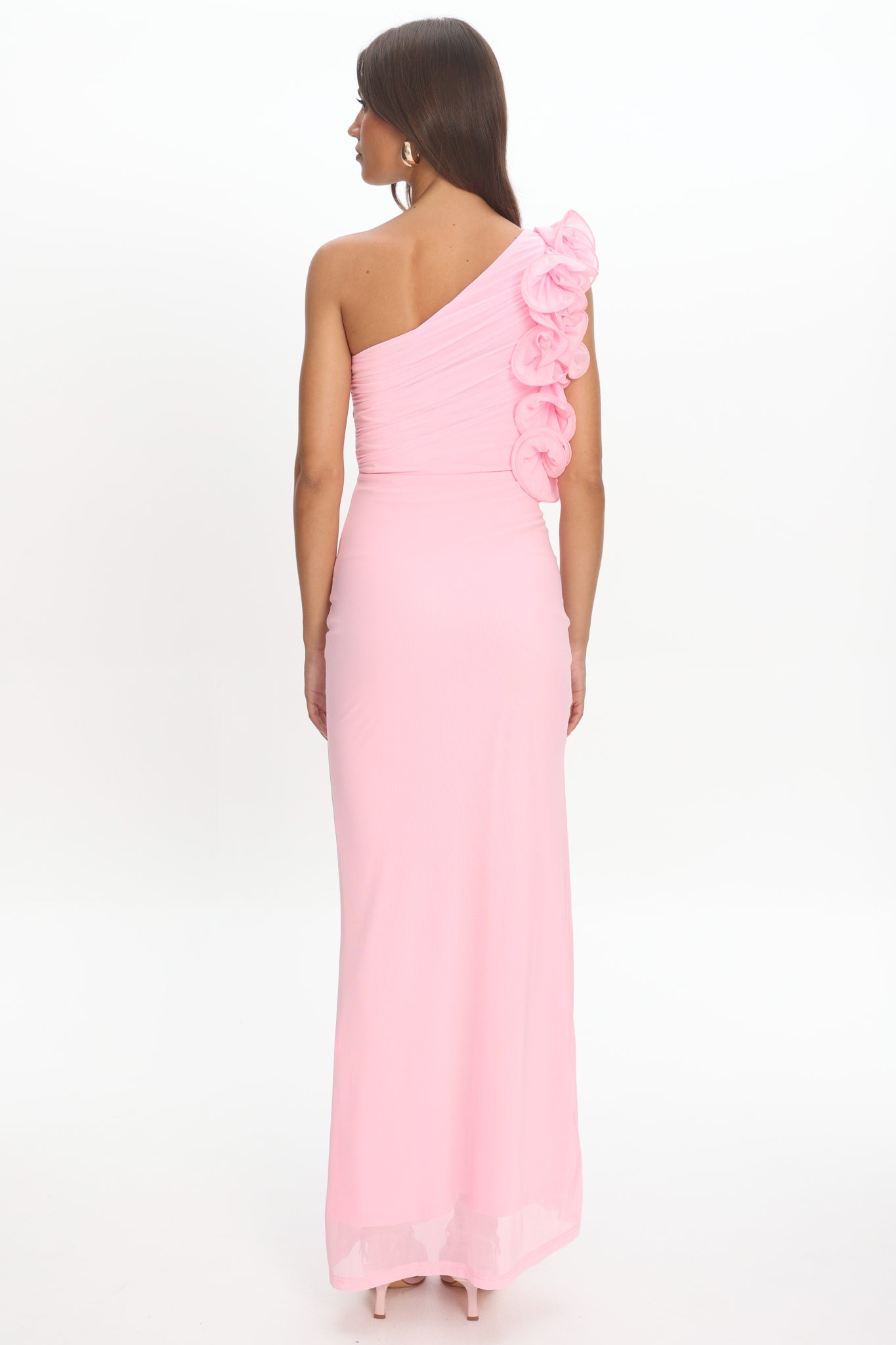 Deanna One-Shoulder Split Ruffle Maxi Dress Baby Pink - M Deanna One-Shoulder Split Ruffle Maxi Dress Baby Pink - M