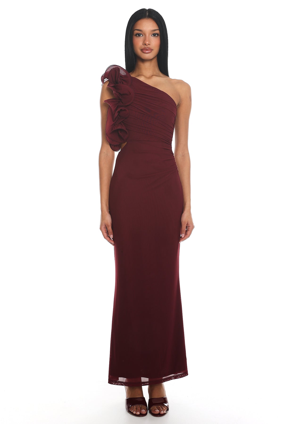 Deanna One-Shoulder Ruffle Maxi Dress Wine by Selfie Leslie
