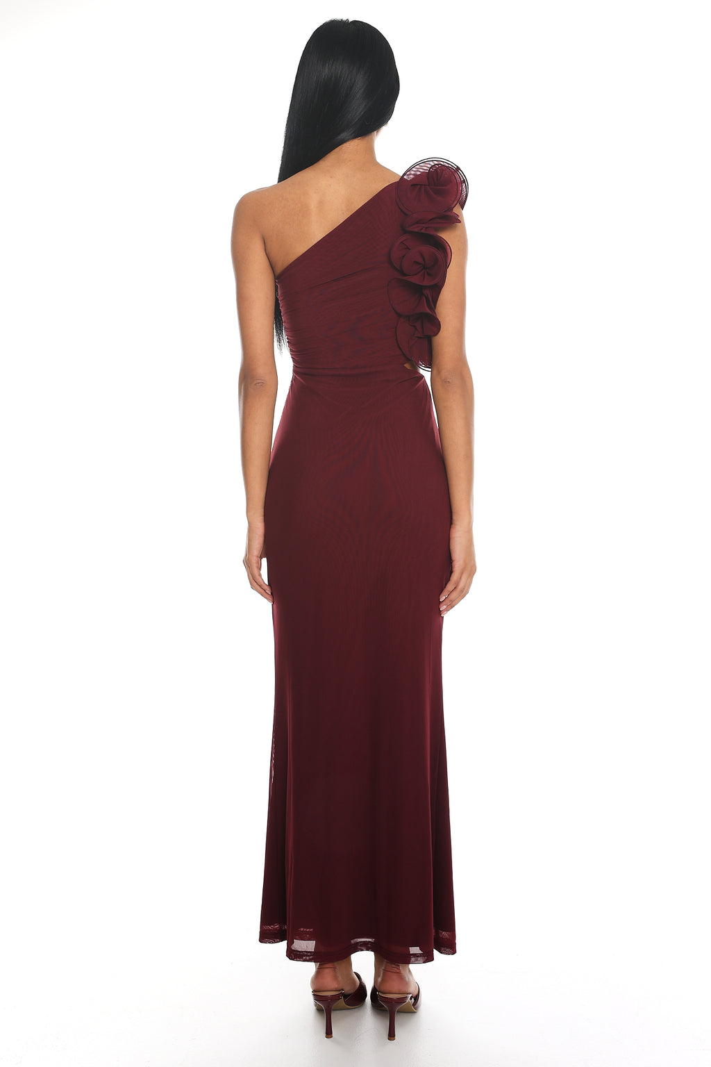 Deanna One-Shoulder Ruffle Maxi Dress Wine by Selfie Leslie
