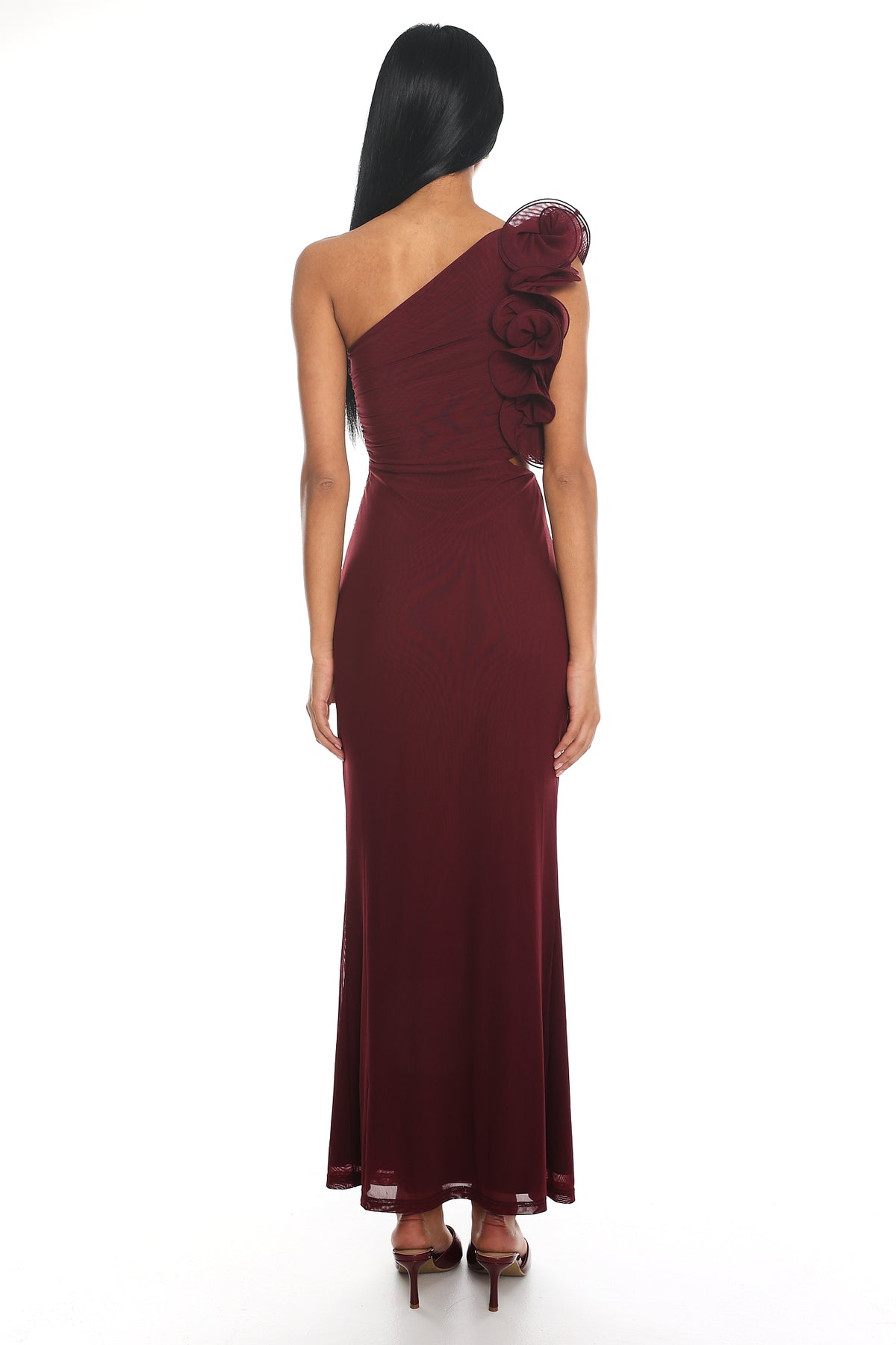Deanna One-Shoulder Ruffle Maxi Dress Wine by Selfie Leslie