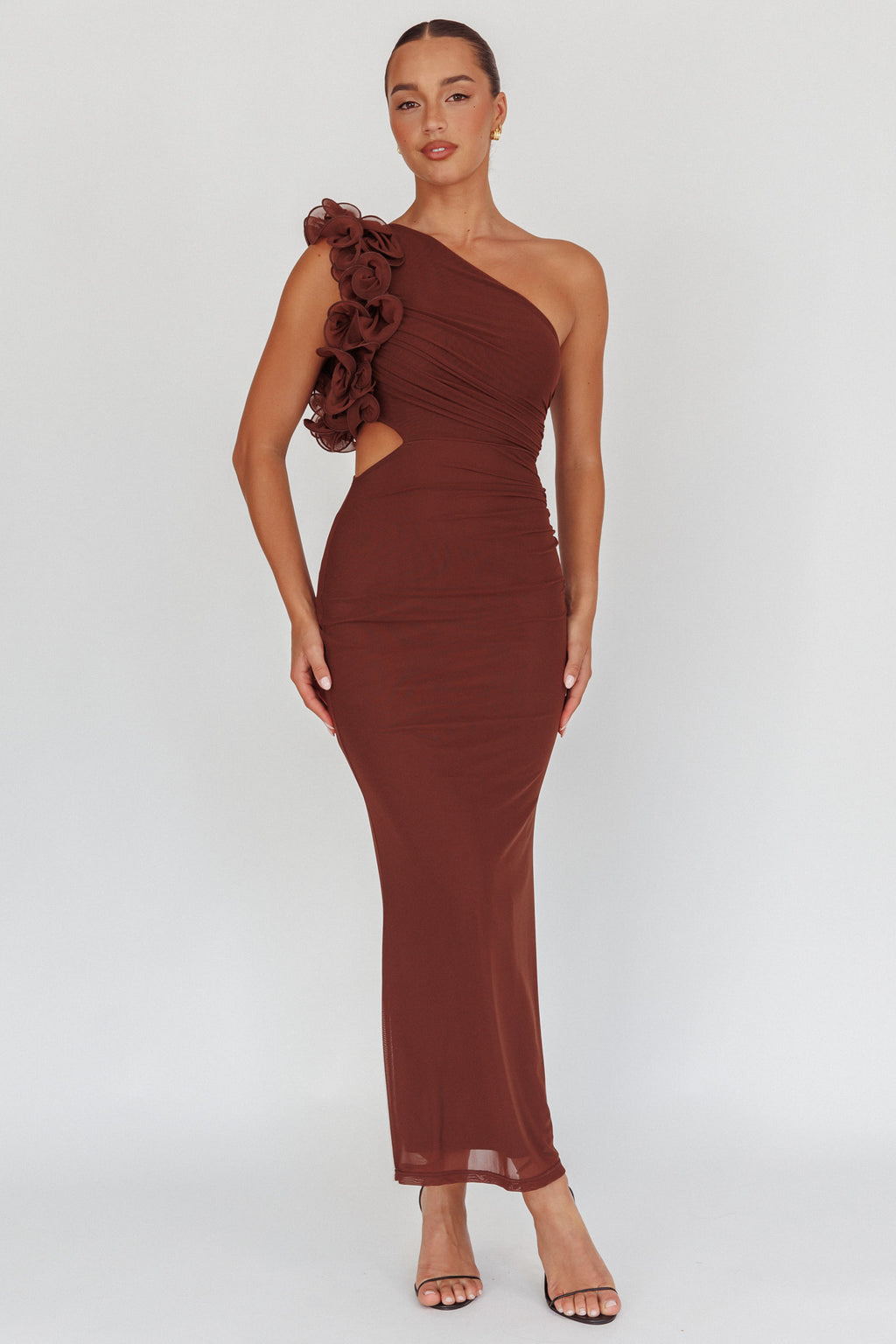 Deanna One-Shoulder Ruffle Maxi Dress Brown by Selfie Leslie