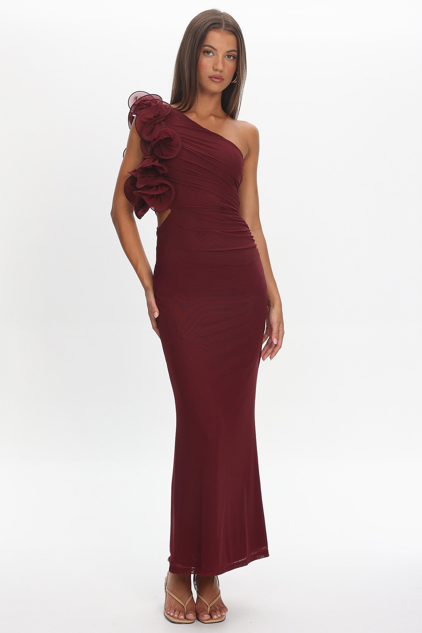 Deanna One-Shoulder Ruffle Maxi Dress Wine by Selfie Leslie