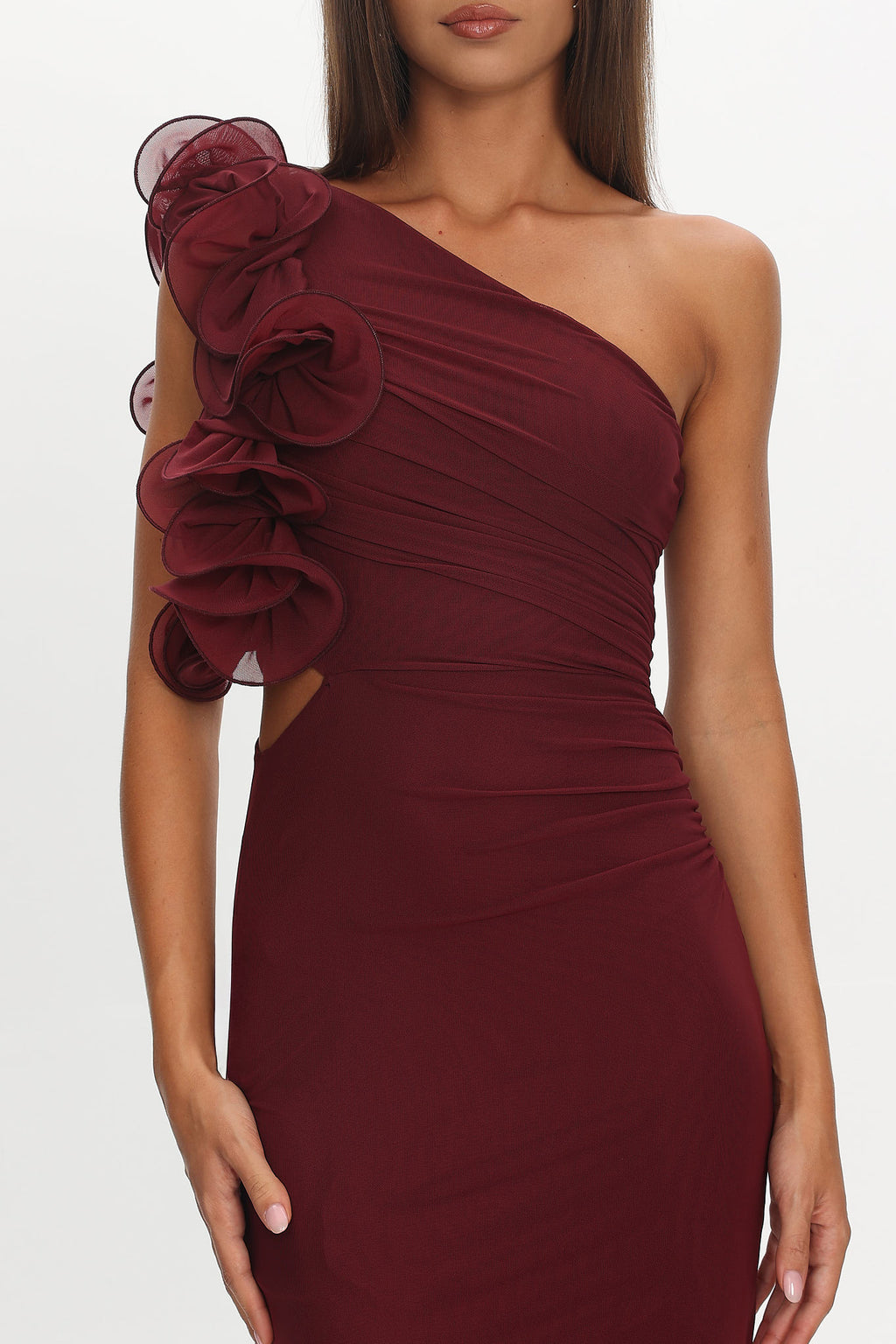 Deanna One-Shoulder Ruffle Maxi Dress Wine by Selfie Leslie