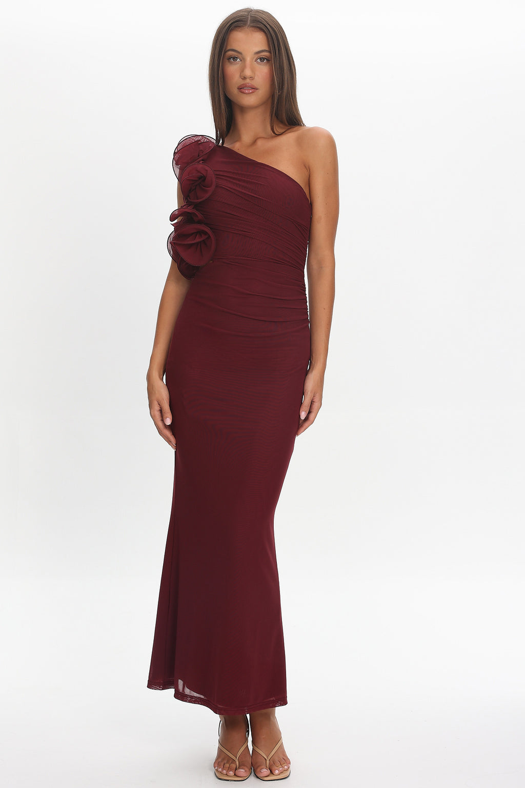 Deanna One-Shoulder Ruffle Maxi Dress Wine by Selfie Leslie