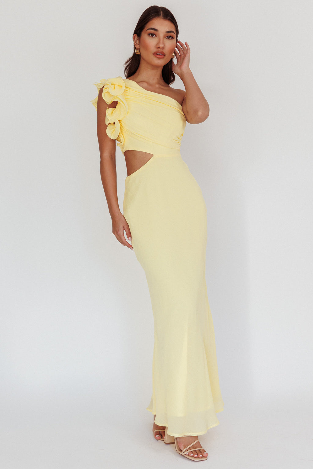Deanna One-Shoulder Ruffle Maxi Dress Yellow by Selfie Leslie