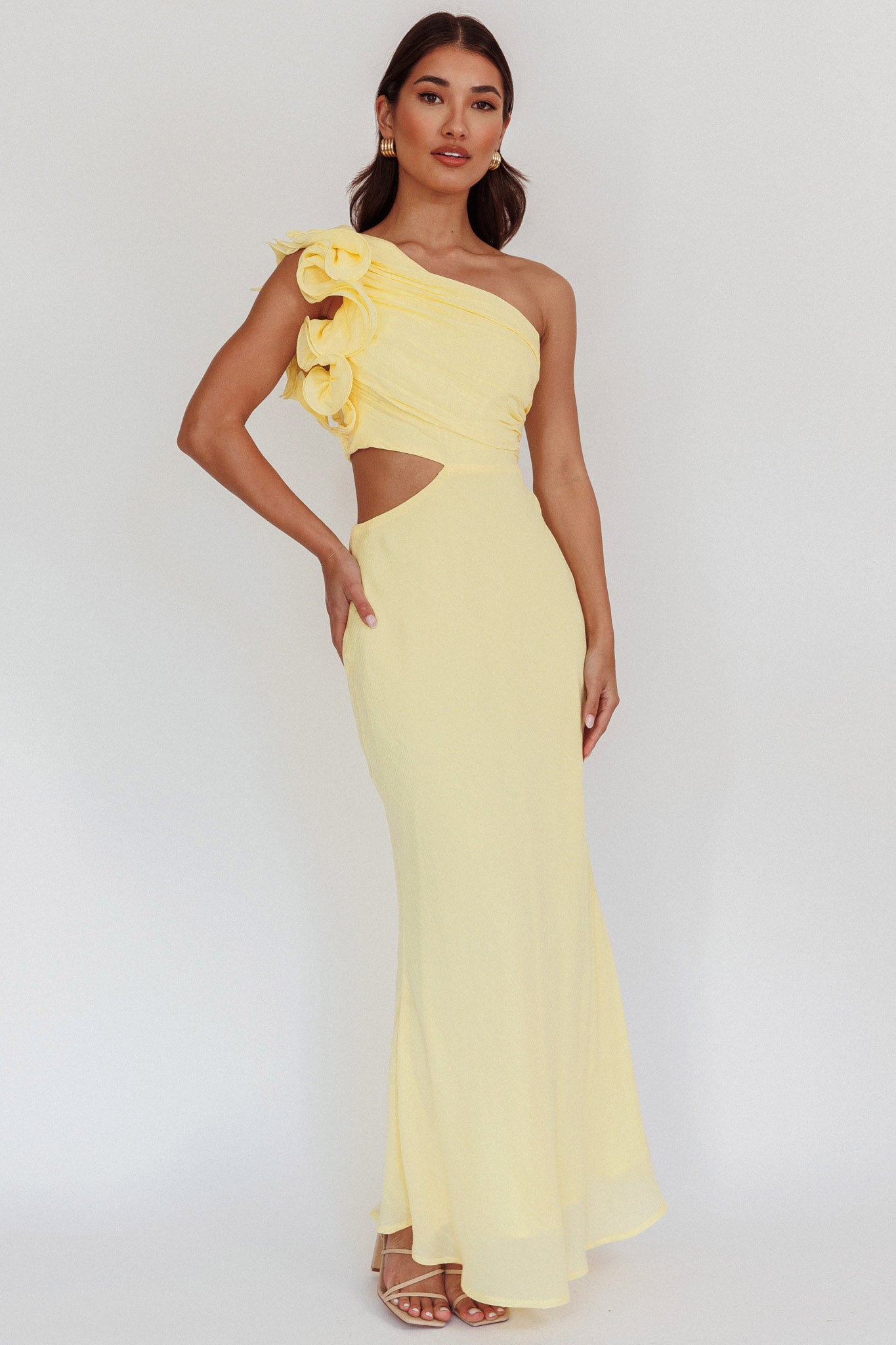 Deanna One-Shoulder Ruffle Maxi Dress Yellow - L Deanna One-Shoulder Ruffle Maxi Dress Yellow - L