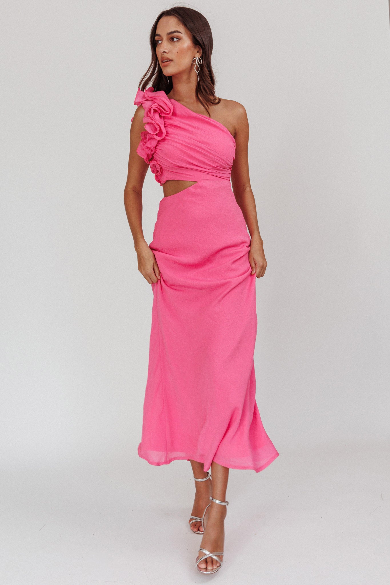 Deanna One-Shoulder Ruffle Maxi Dress Hot Pink by Selfie Leslie