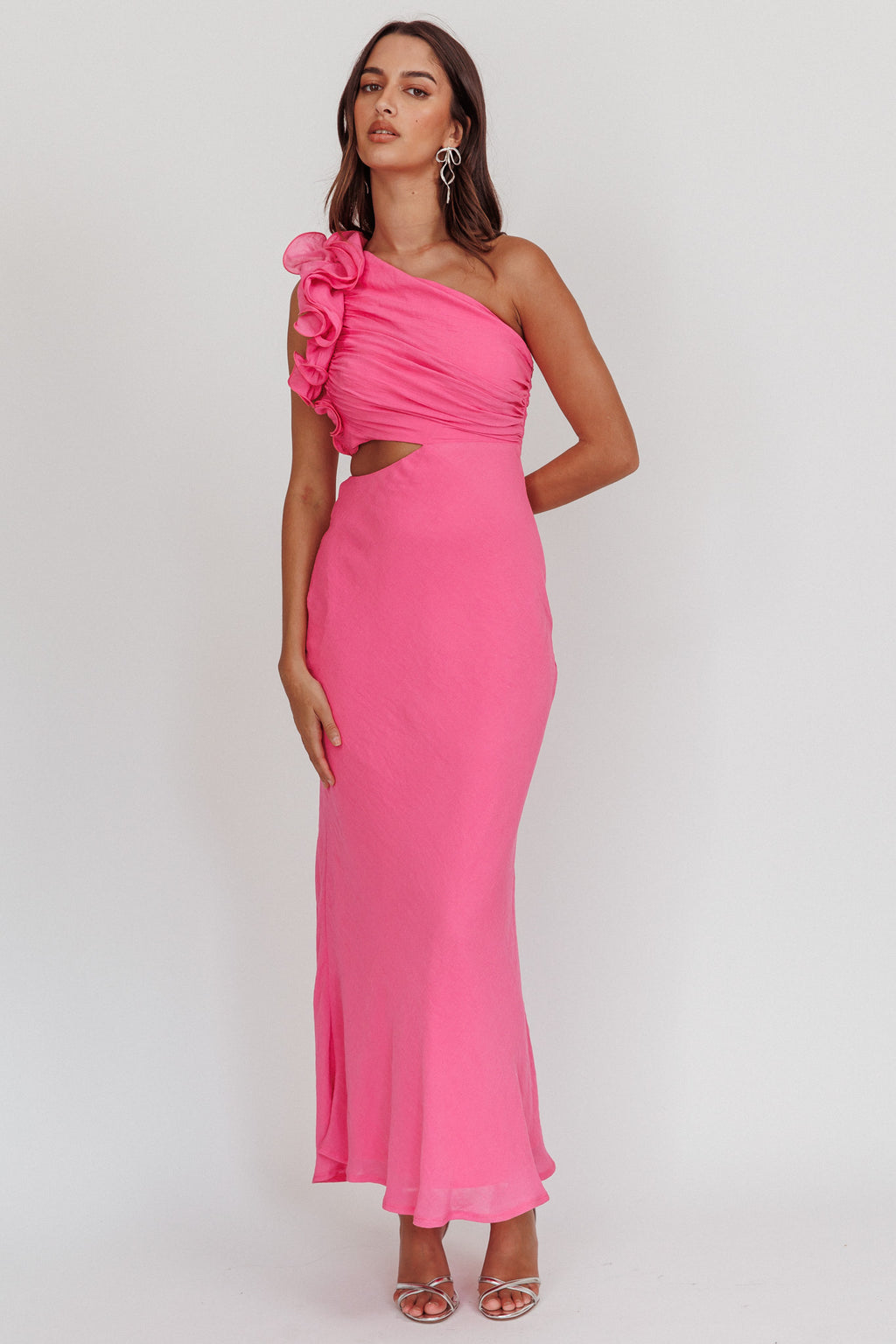 Deanna One-Shoulder Ruffle Maxi Dress Hot Pink by Selfie Leslie