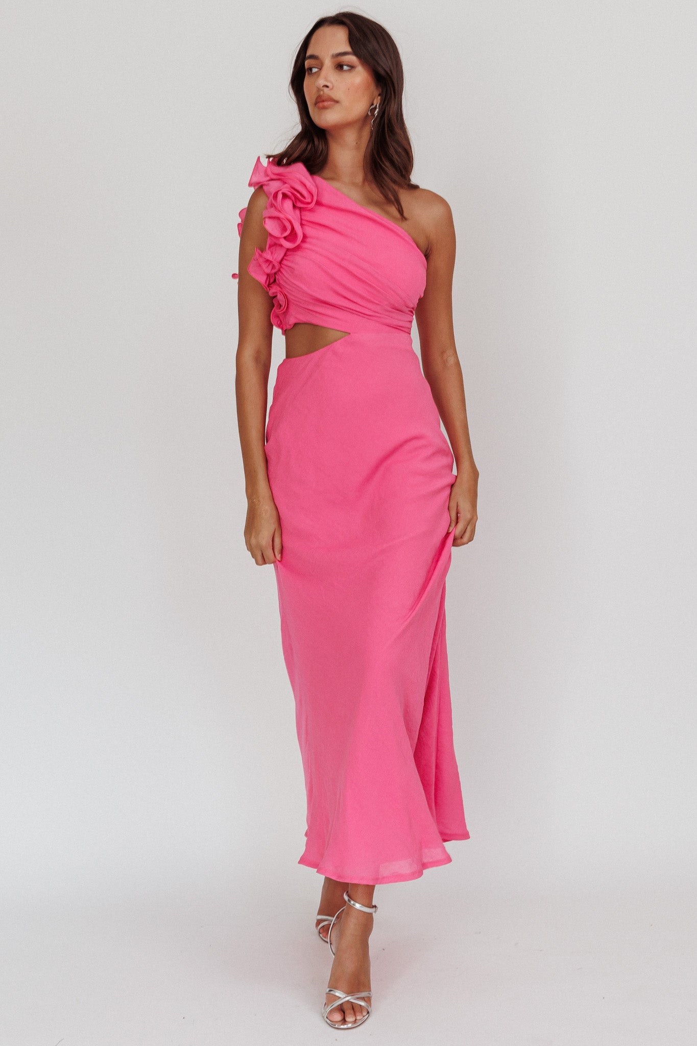 pink one arm dress Light Pink Ruched Mesh One Shoulder Maxi Dress PinkBlush