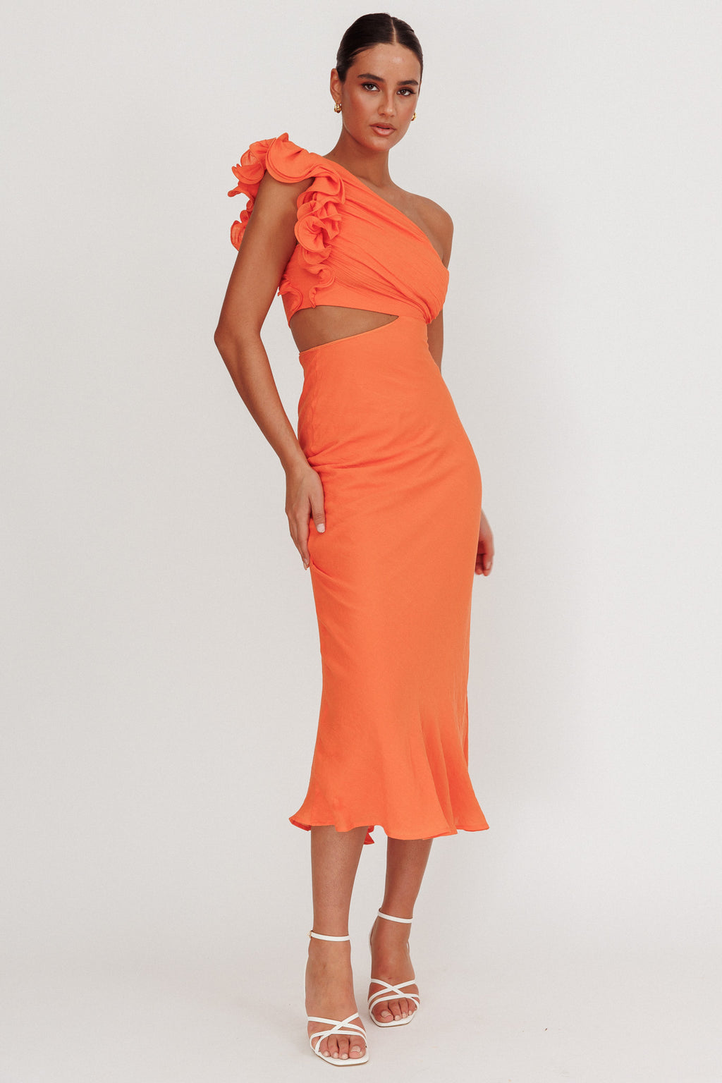 Deanna One-Shoulder Ruffle Maxi Dress Orange by Selfie Leslie