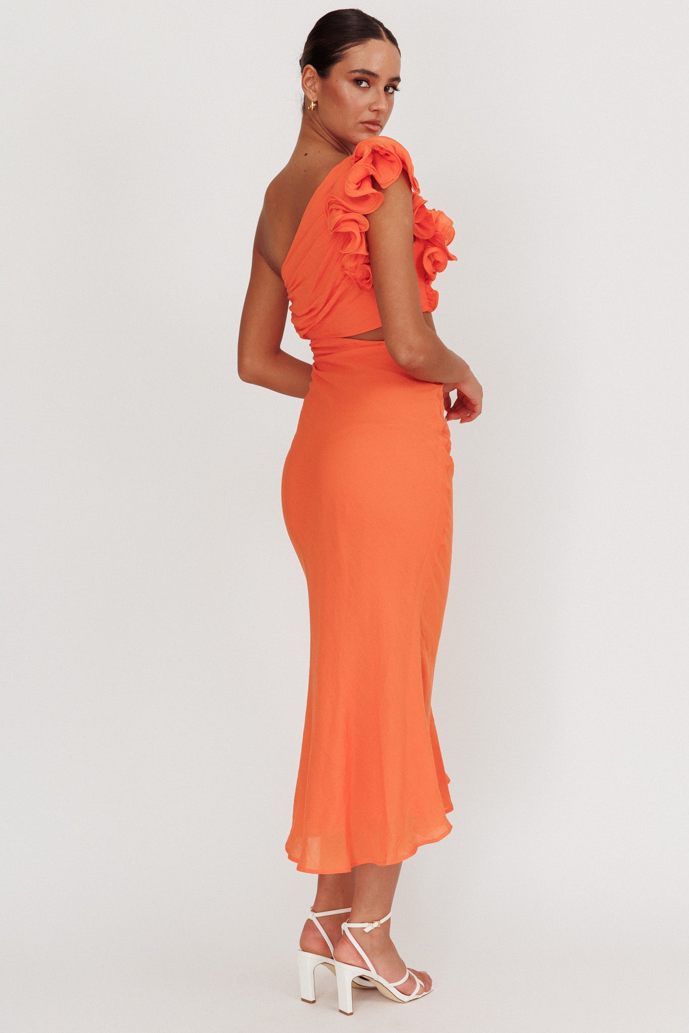 Deanna One-Shoulder Ruffle Maxi Dress Orange by Selfie Leslie