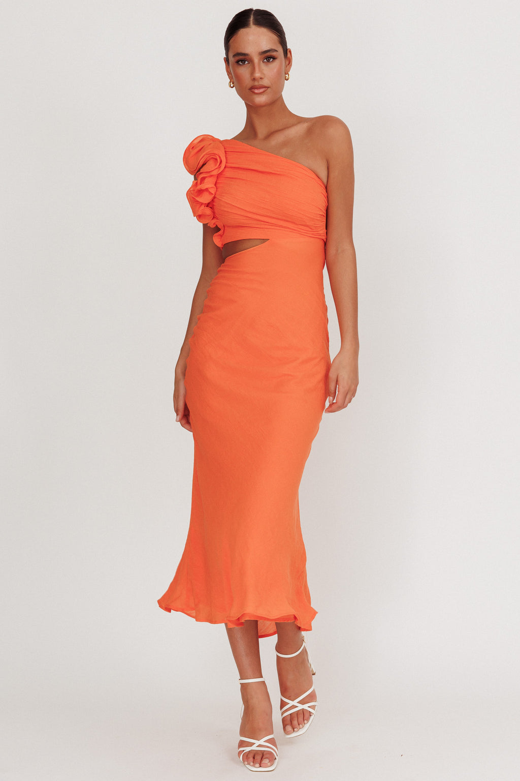 Deanna One-Shoulder Ruffle Maxi Dress Orange by Selfie Leslie