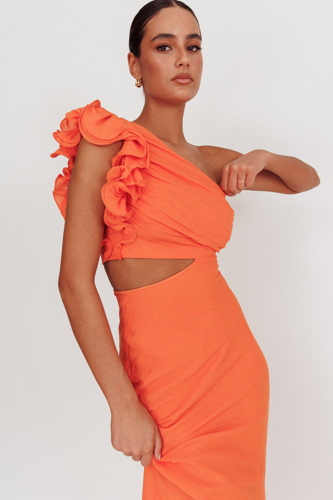 Deanna One-Shoulder Ruffle Maxi Dress Orange by Selfie Leslie