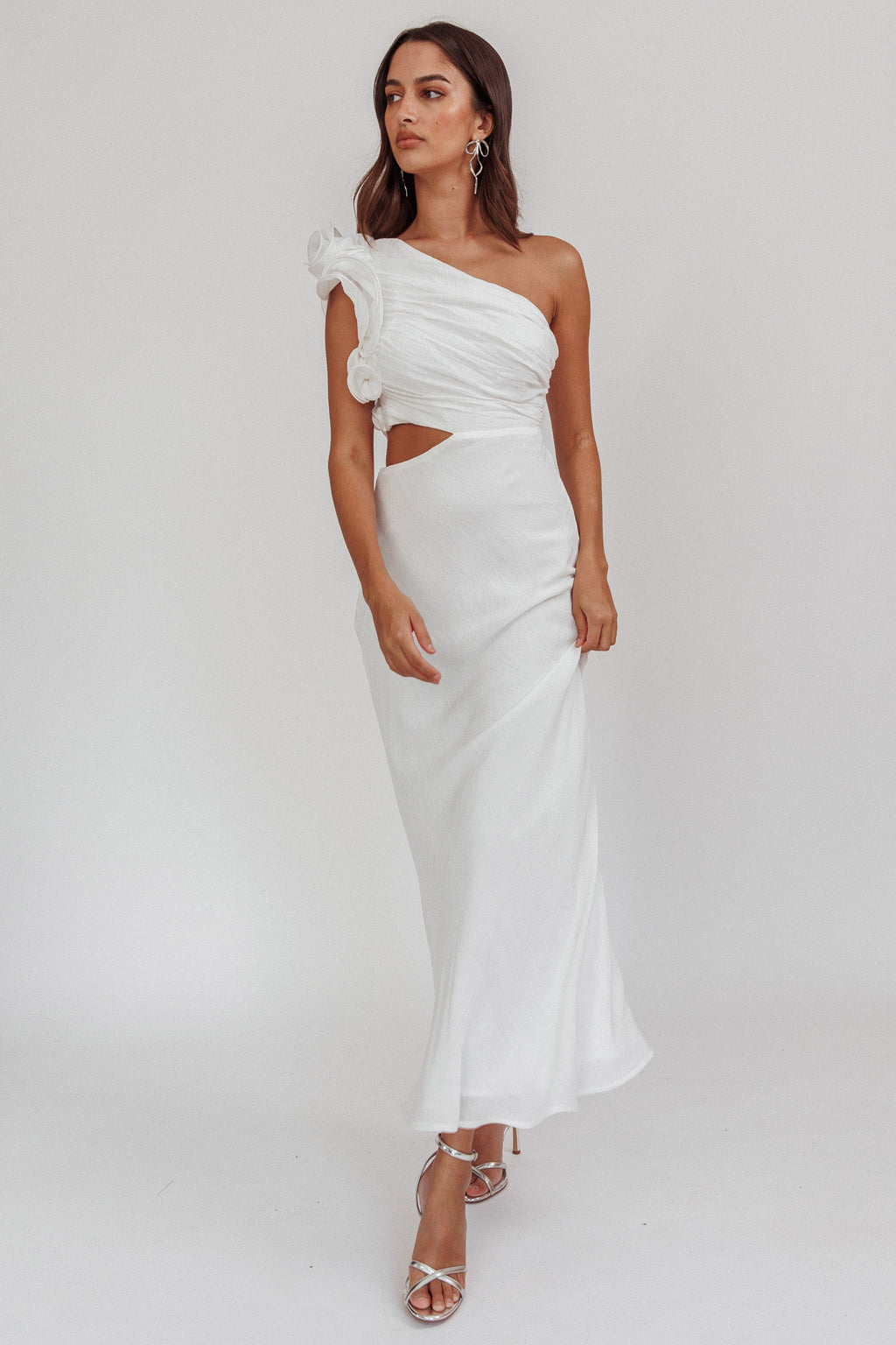 white one shoulder flowy dress Off White One Shoulder Dress