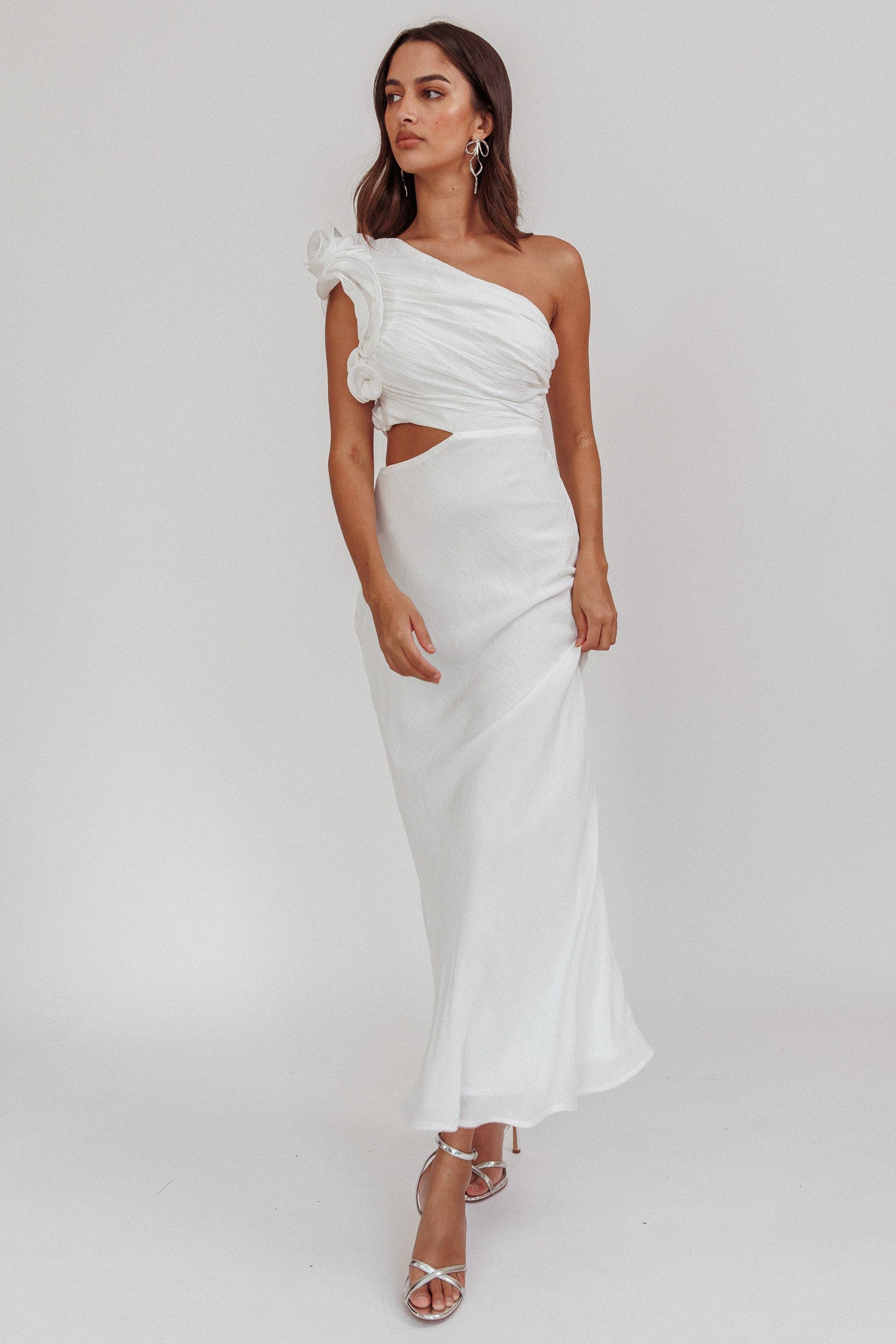 one shoulder casual white dress Lingering Love One-Shoulder Twist Midi Dress White