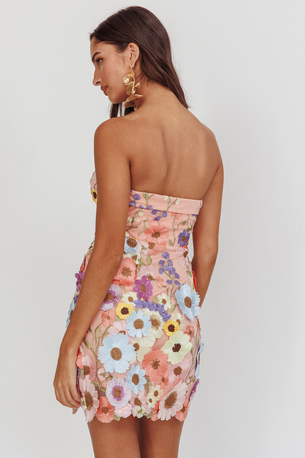 Flora Day Strapless Floral Embellished Mini Dress Pale Pink by Selfie Leslie