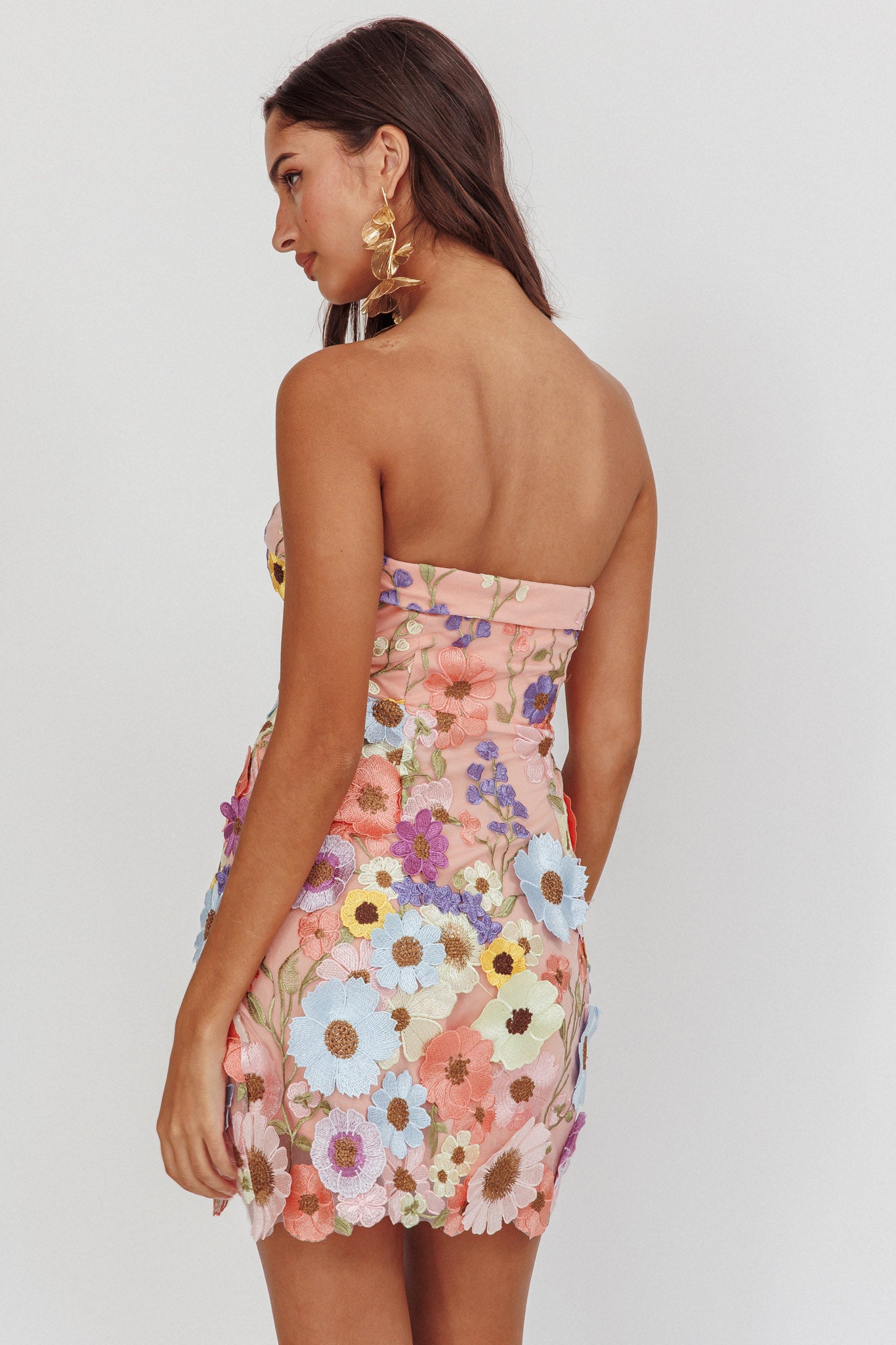 Flora Day Strapless Floral Embellished Mini Dress Pale Pink by Selfie Leslie