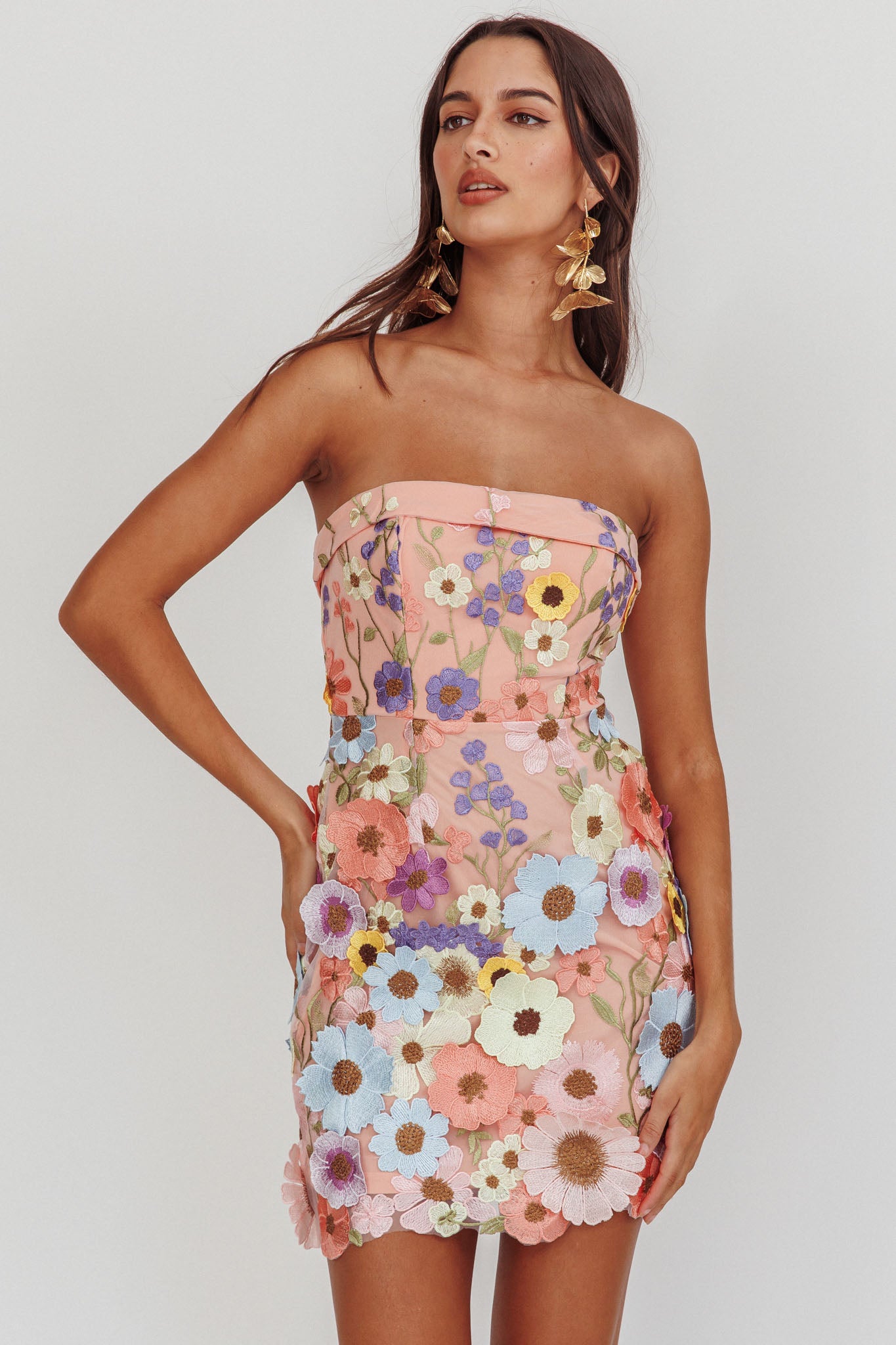 Flora Day Strapless Floral Embellished Mini Dress Pale Pink by Selfie Leslie