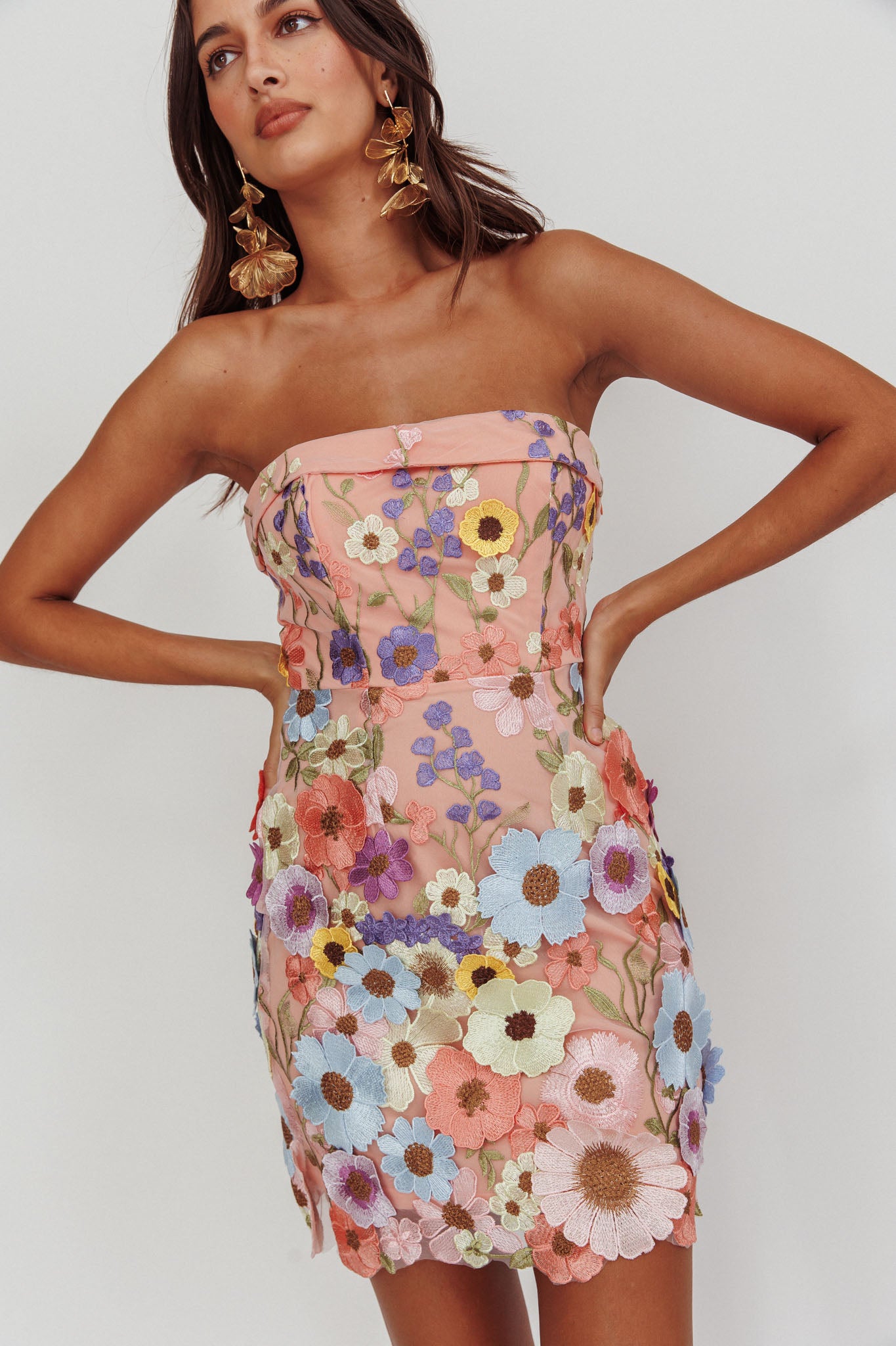 Flora Day Strapless Floral Embellished Mini Dress Pale Pink Flora Day Strapless Floral Embellished Mini Dress Pale Pink