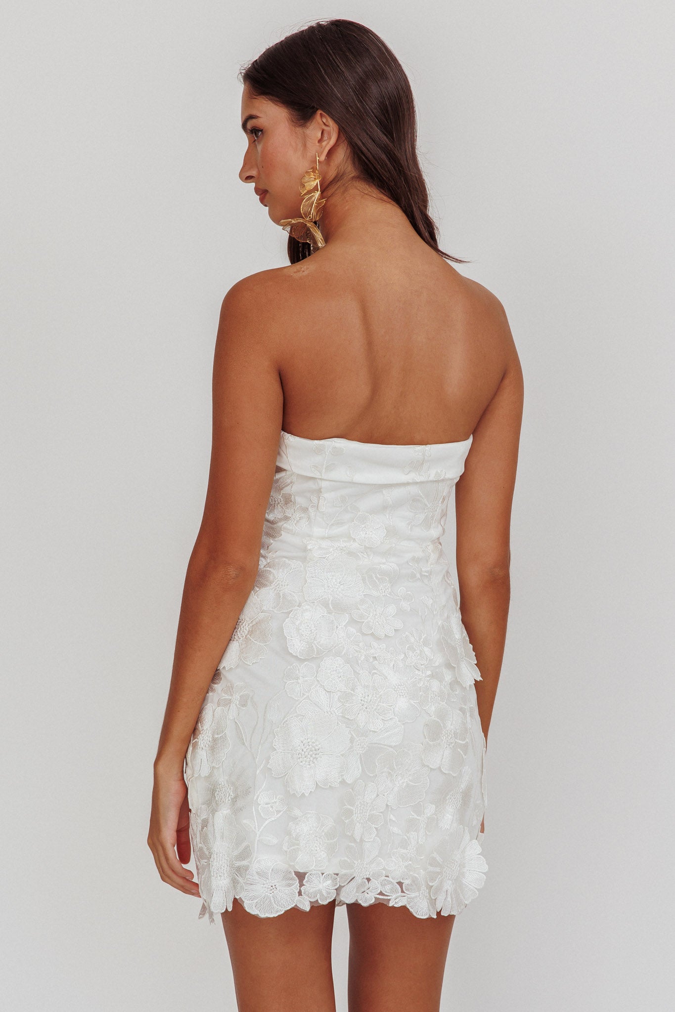 Flora Day Strapless Floral Embellished Mini Dress White by Selfie Leslie