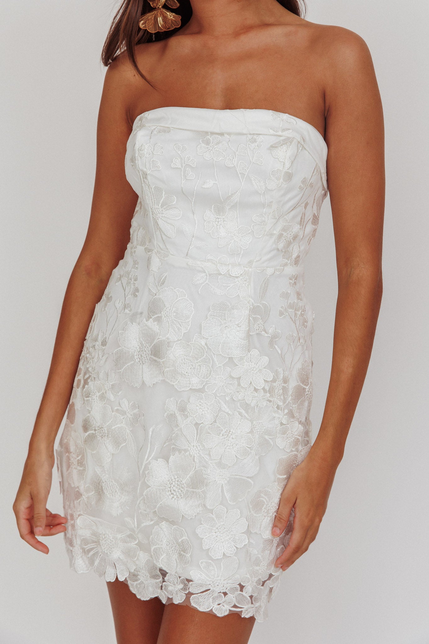 Flora Day Strapless Floral Embellished Mini Dress White by Selfie Leslie