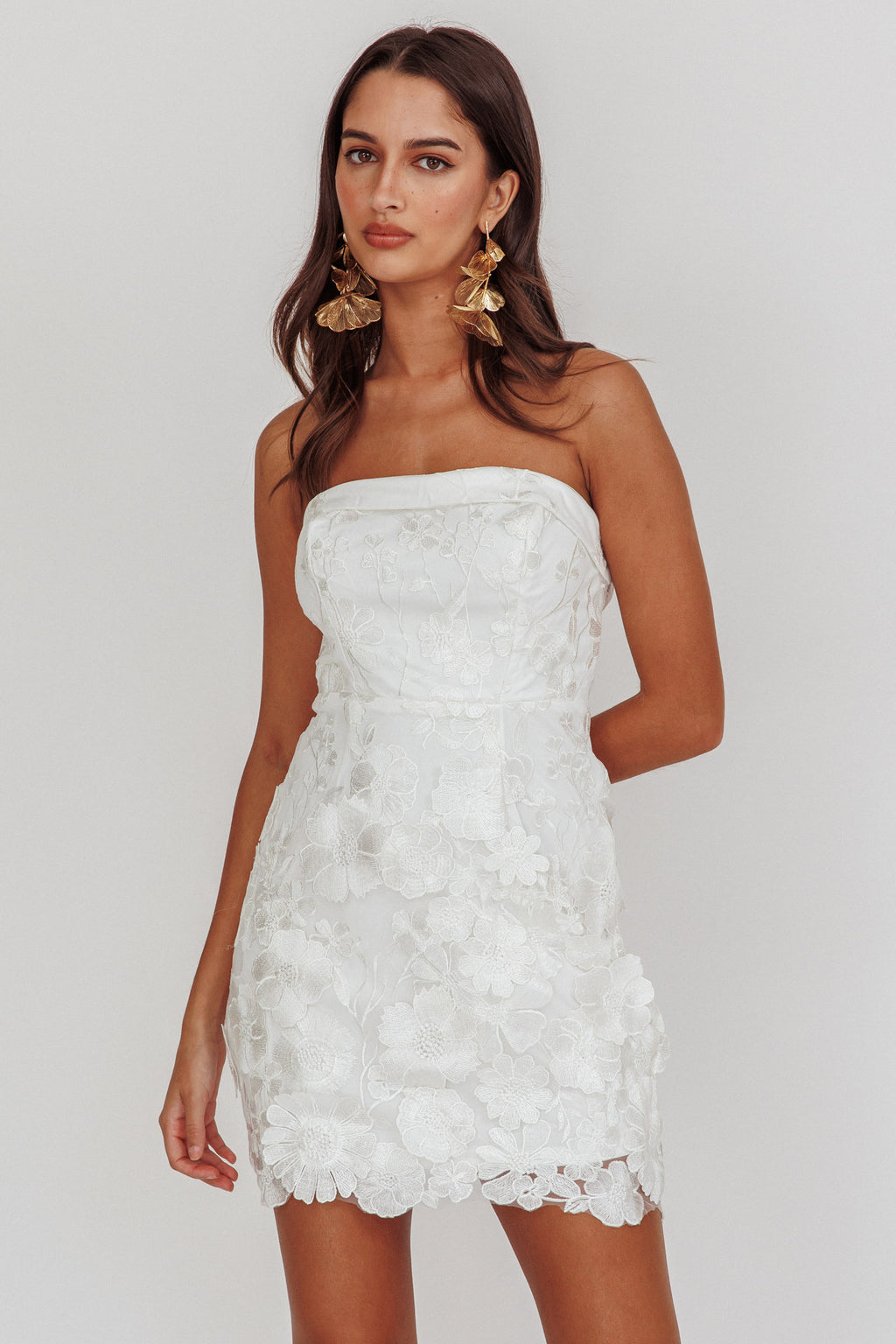 Flora Day Strapless Floral Embellished Mini Dress White by Selfie Leslie