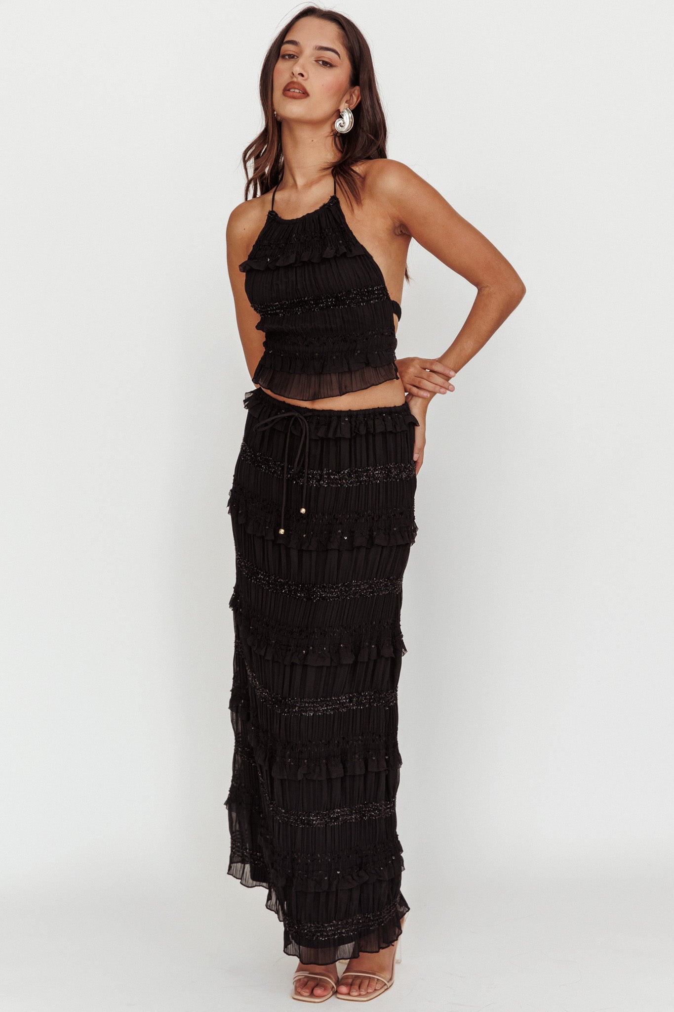 Helios Shirred Sequin Maxi Skirt Black by Selfie Leslie