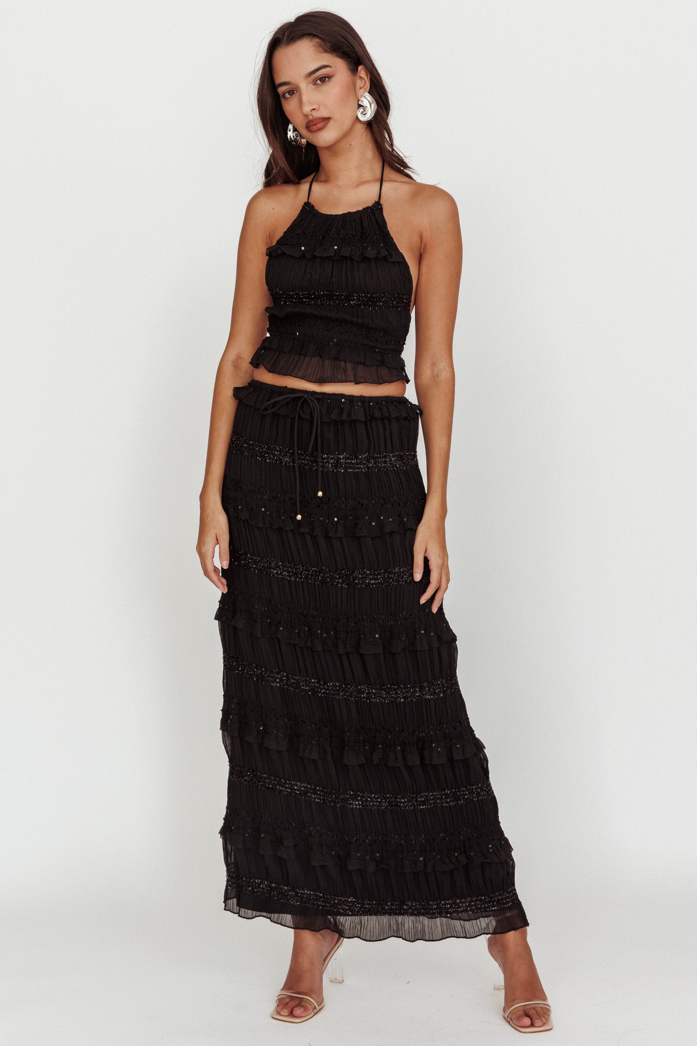 Helios Shirred Sequin Maxi Skirt Black by Selfie Leslie