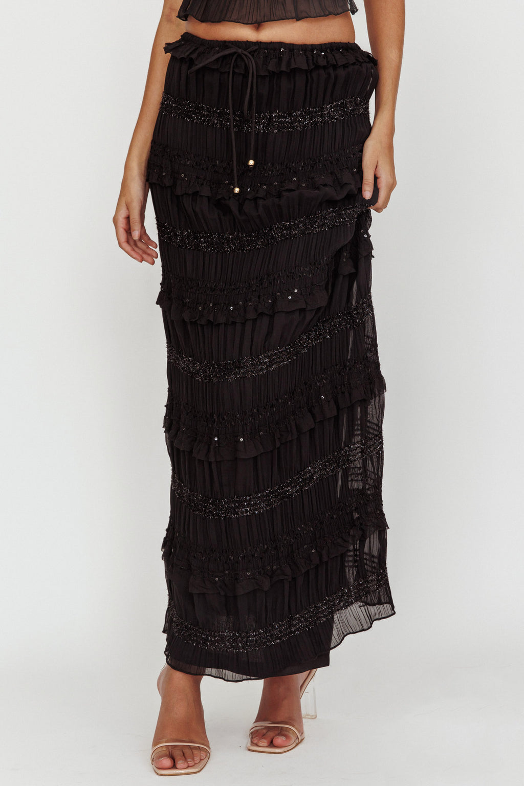 Helios Shirred Sequin Maxi Skirt Black by Selfie Leslie