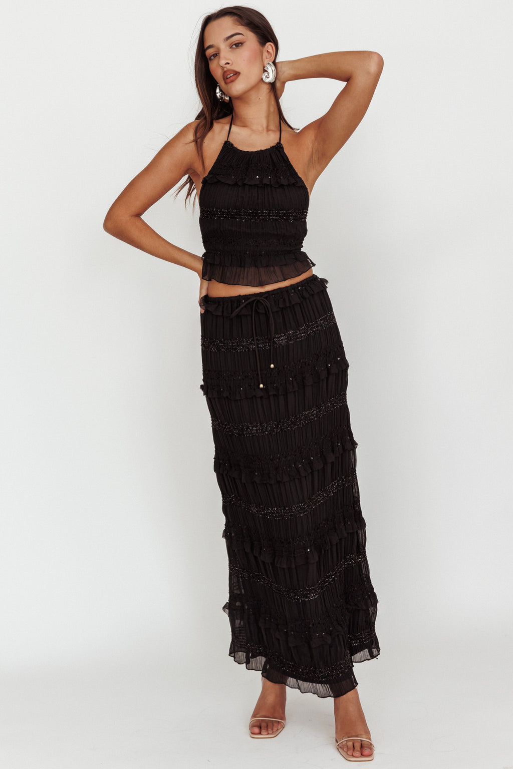 Helios Shirred Sequin Maxi Skirt Black by Selfie Leslie