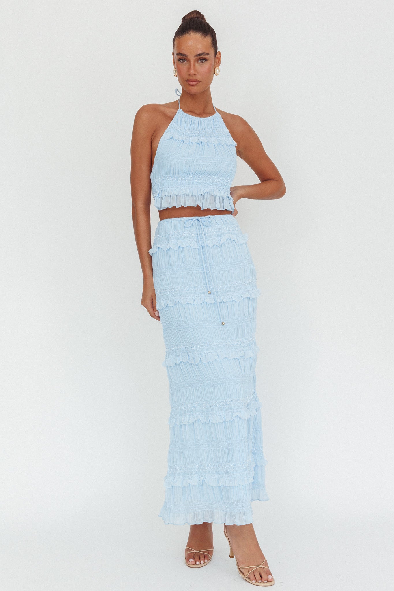 Helios Shirred Sequin Maxi Skirt Blue by Selfie Leslie