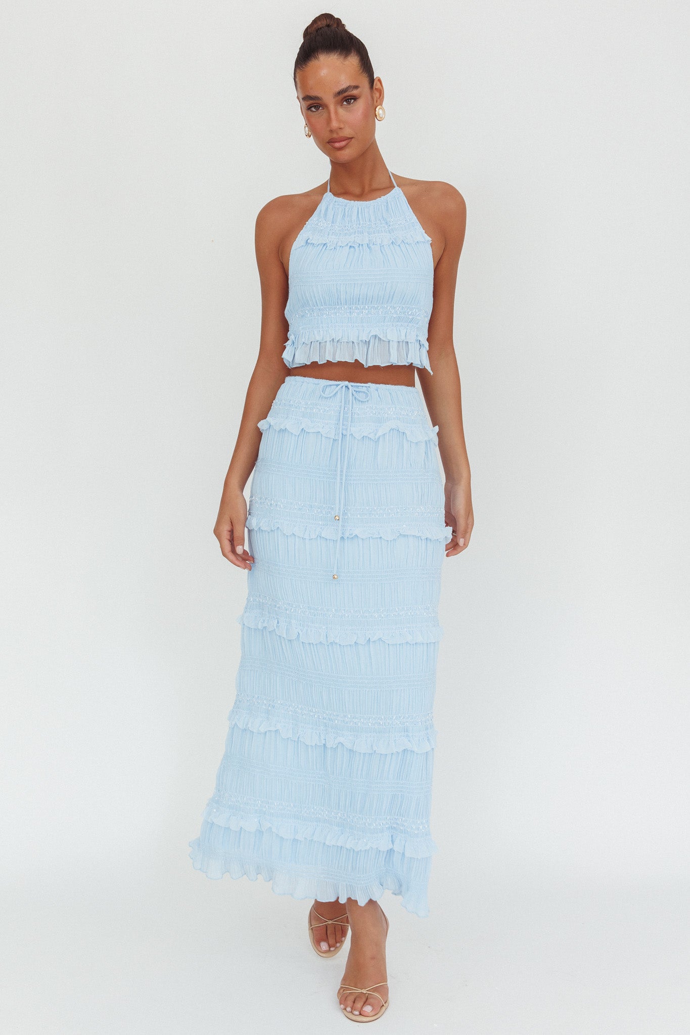 Helios Shirred Sequin Maxi Skirt Blue by Selfie Leslie