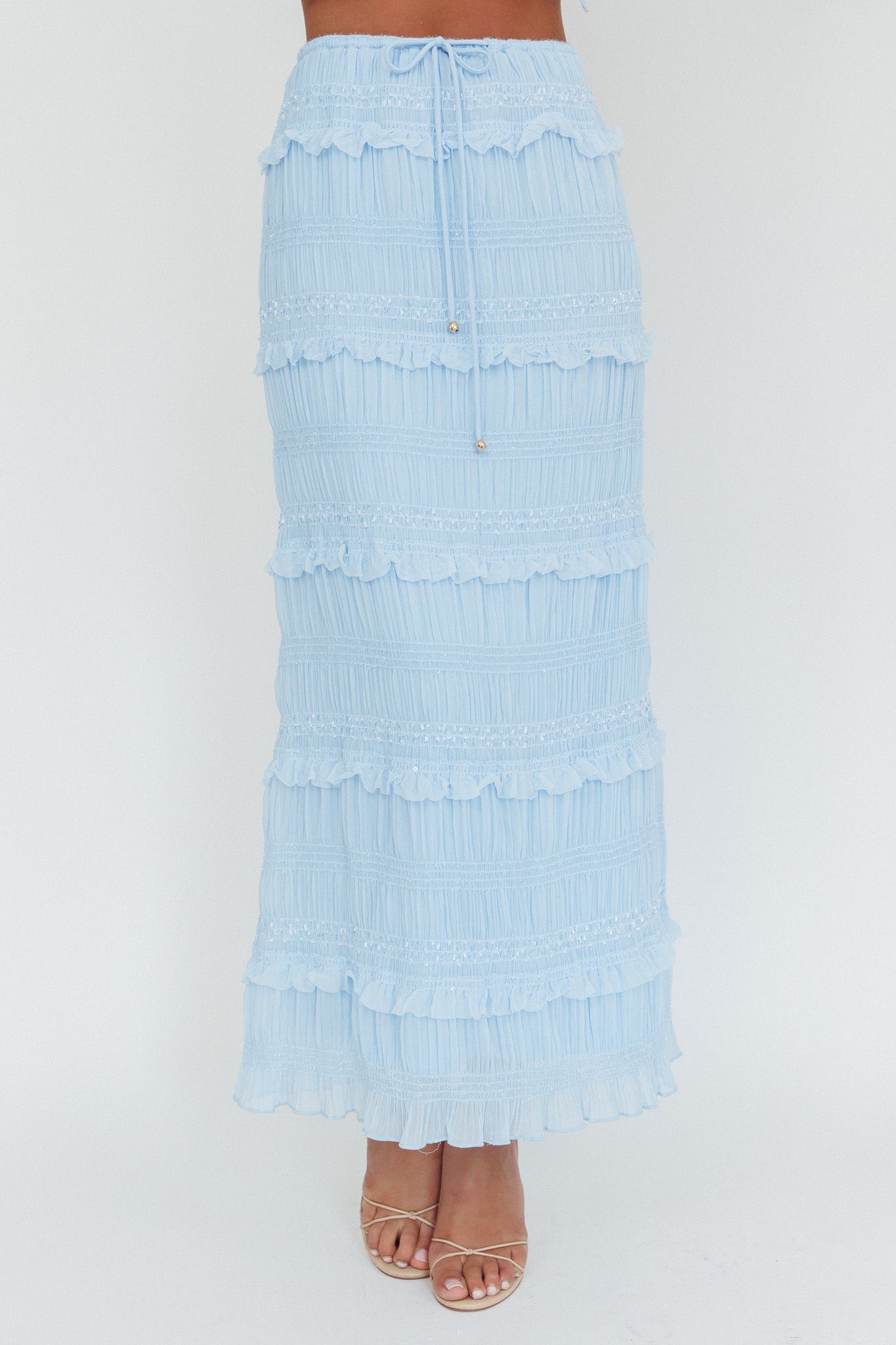Helios Shirred Sequin Maxi Skirt Blue by Selfie Leslie