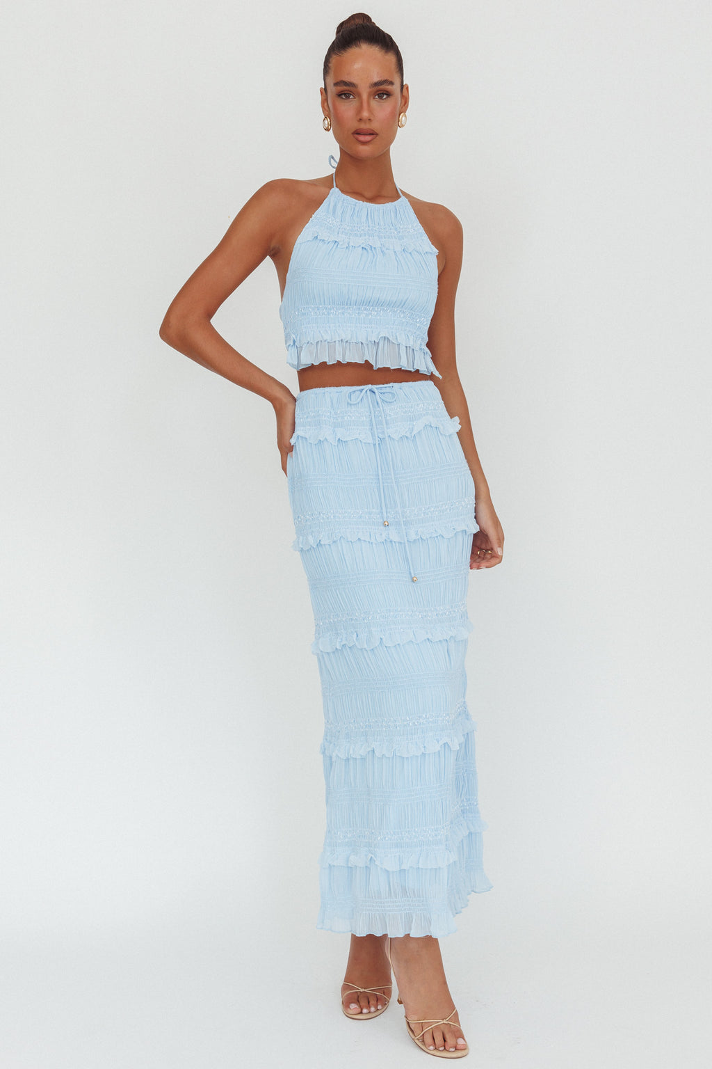 Helios Shirred Sequin Maxi Skirt Blue by Selfie Leslie