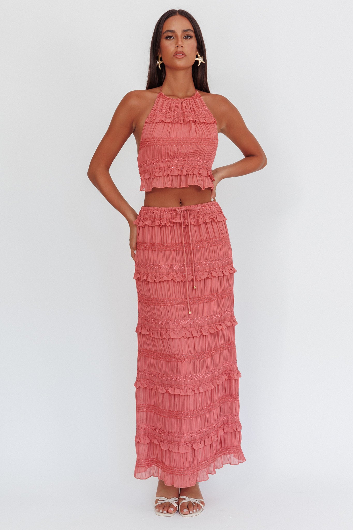 Helios Shirred Sequin Maxi Skirt Rose by Selfie Leslie