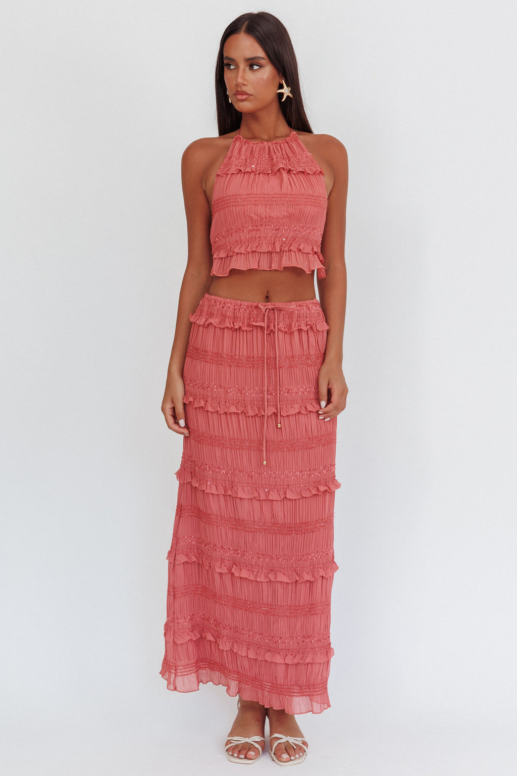 Helios Shirred Sequin Maxi Skirt Rose by Selfie Leslie