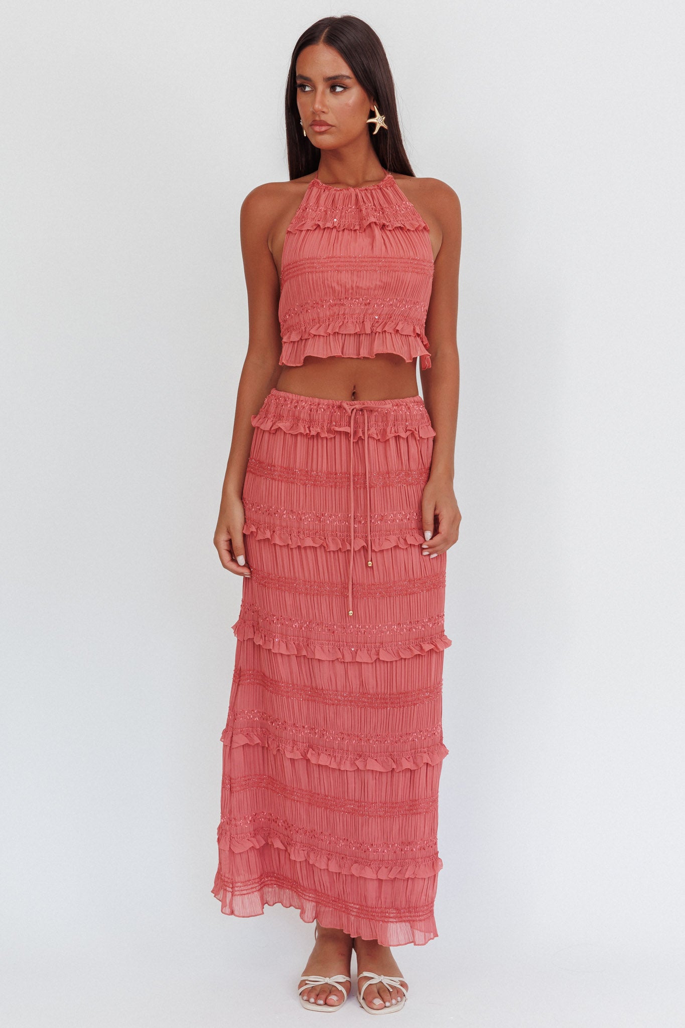 Helios Shirred Sequin Maxi Skirt Rose by Selfie Leslie