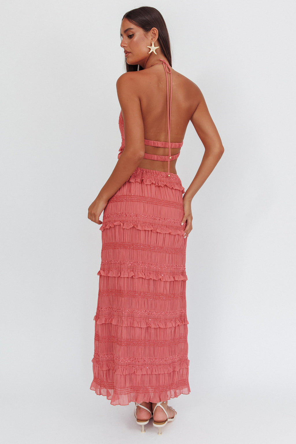 Helios Shirred Sequin Maxi Skirt Rose by Selfie Leslie