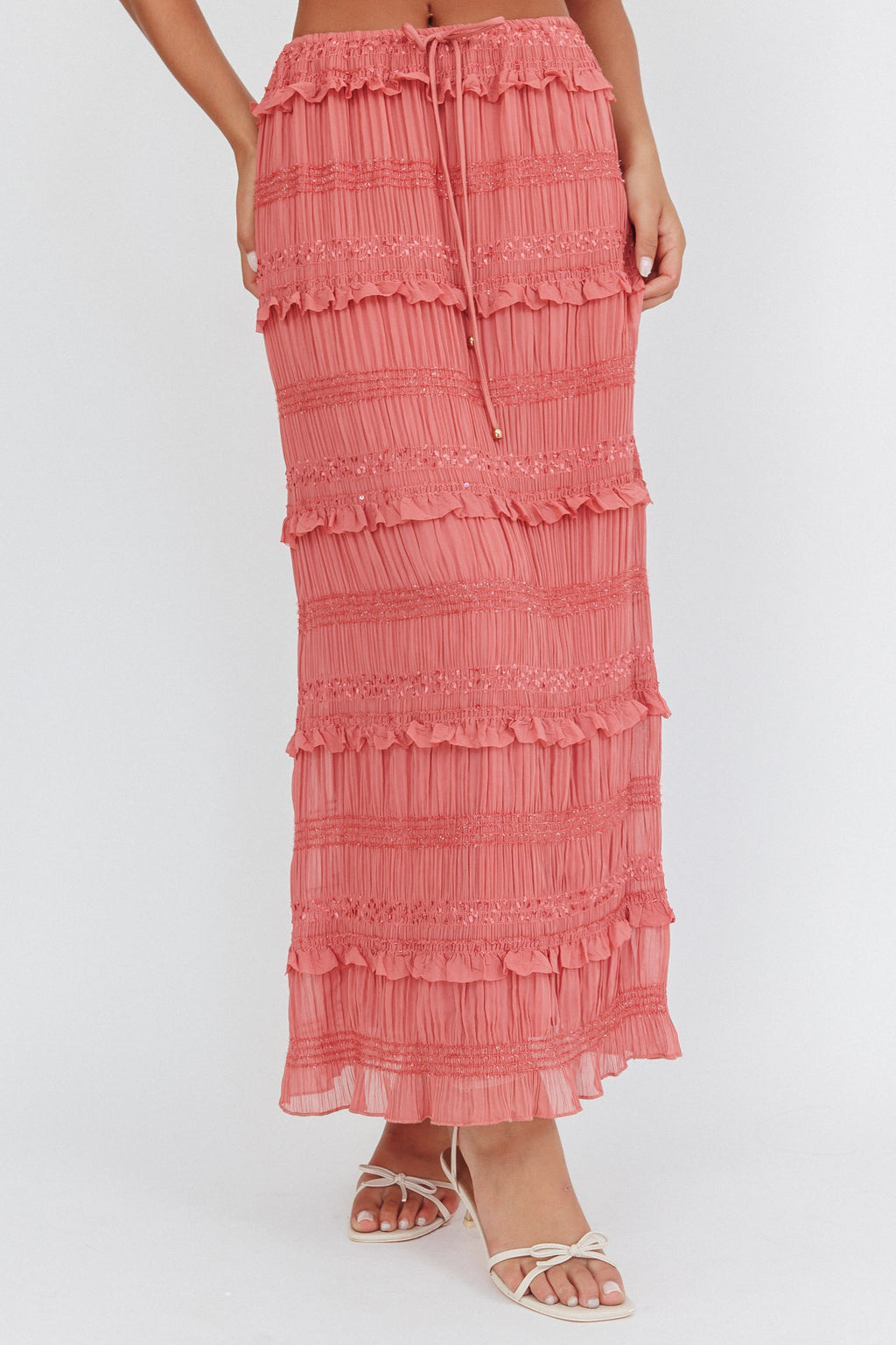 Helios Shirred Sequin Maxi Skirt Rose by Selfie Leslie